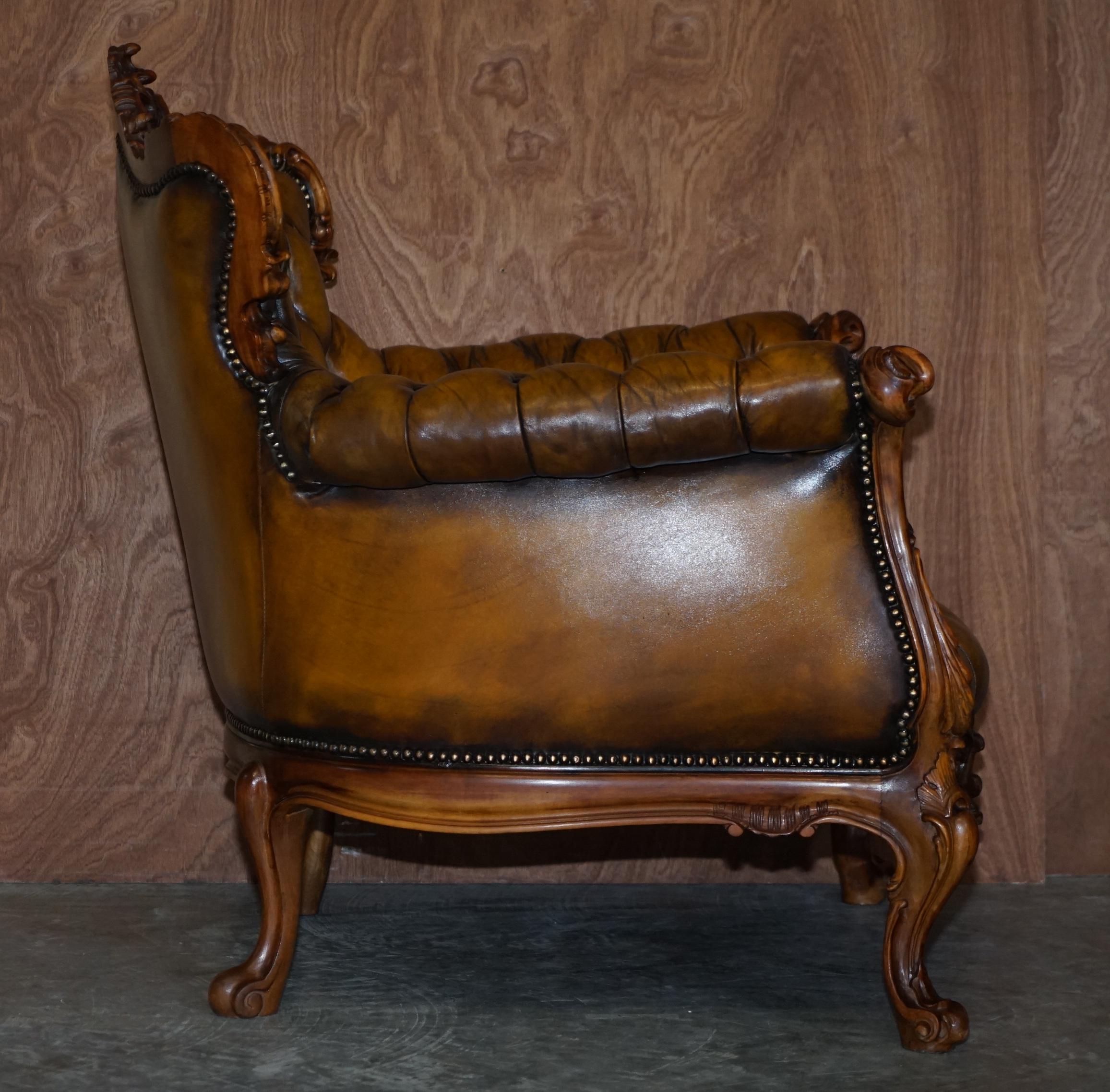 Pair of Stunning circa 1900 Carved Walnut & Brown Leather Chesterfield Armchairs 8