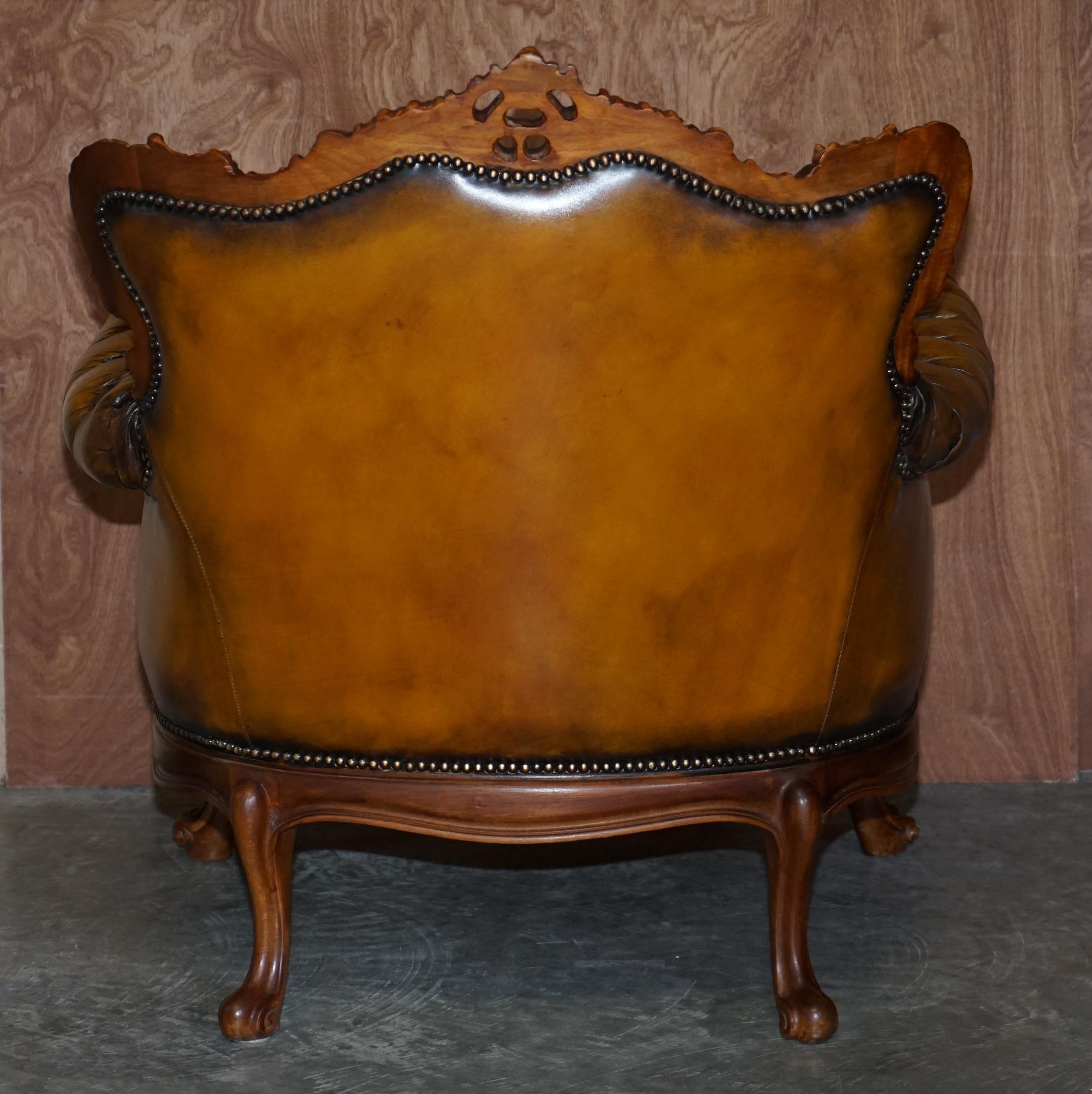Pair of Stunning circa 1900 Carved Walnut & Brown Leather Chesterfield Armchairs 9