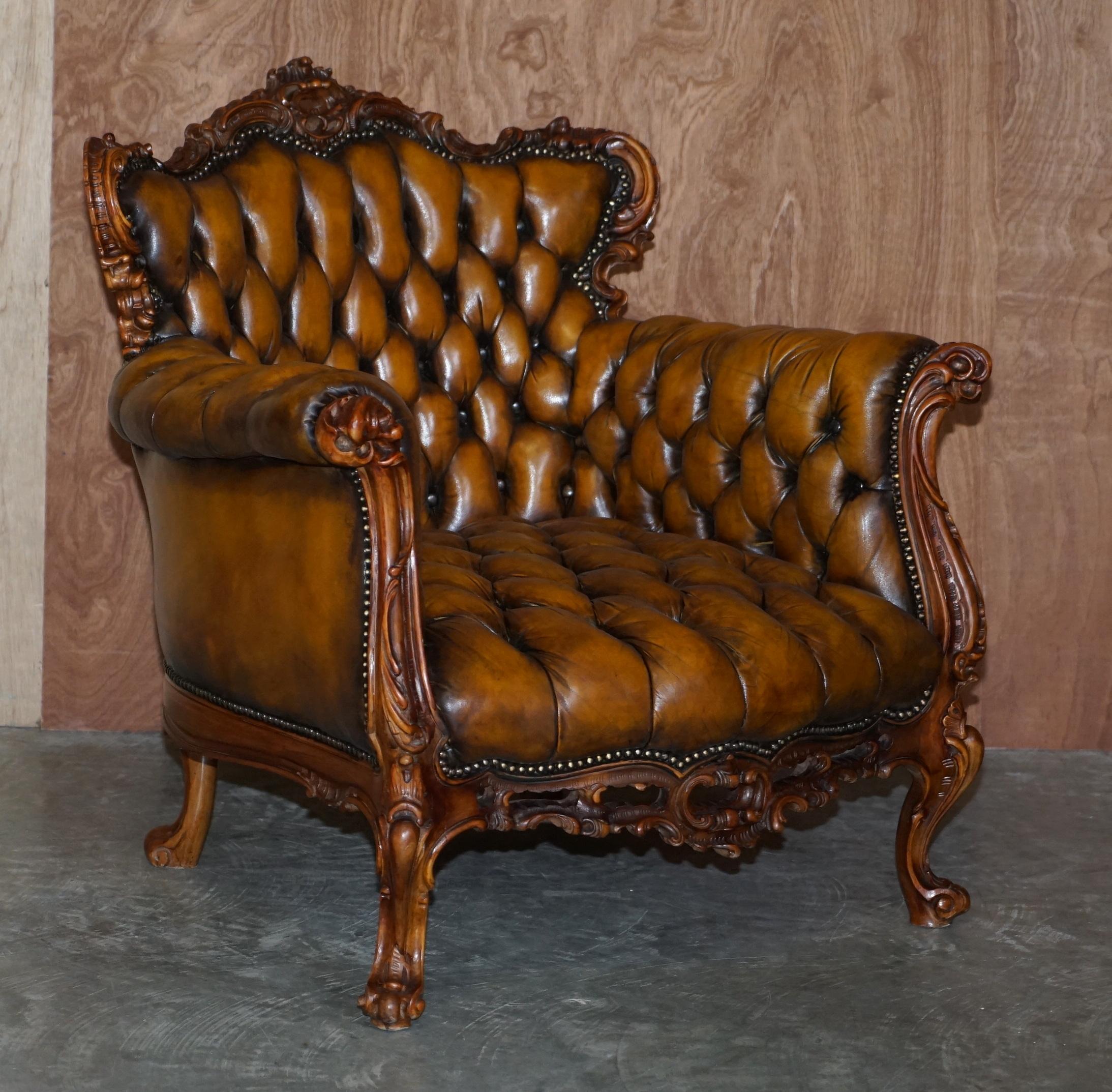 Pair of Stunning circa 1900 Carved Walnut & Brown Leather Chesterfield Armchairs 10