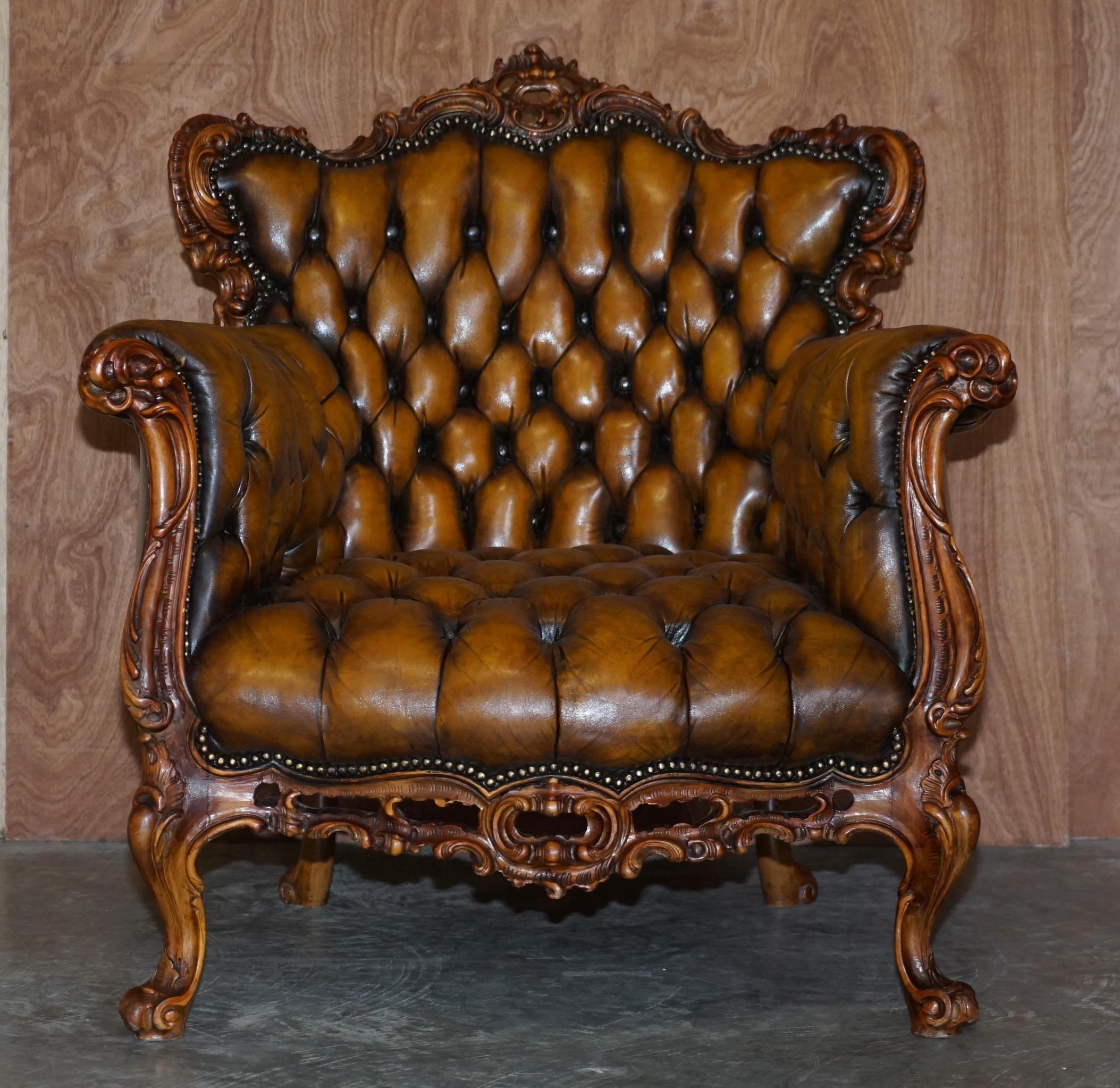 Pair of Stunning circa 1900 Carved Walnut & Brown Leather Chesterfield Armchairs 11