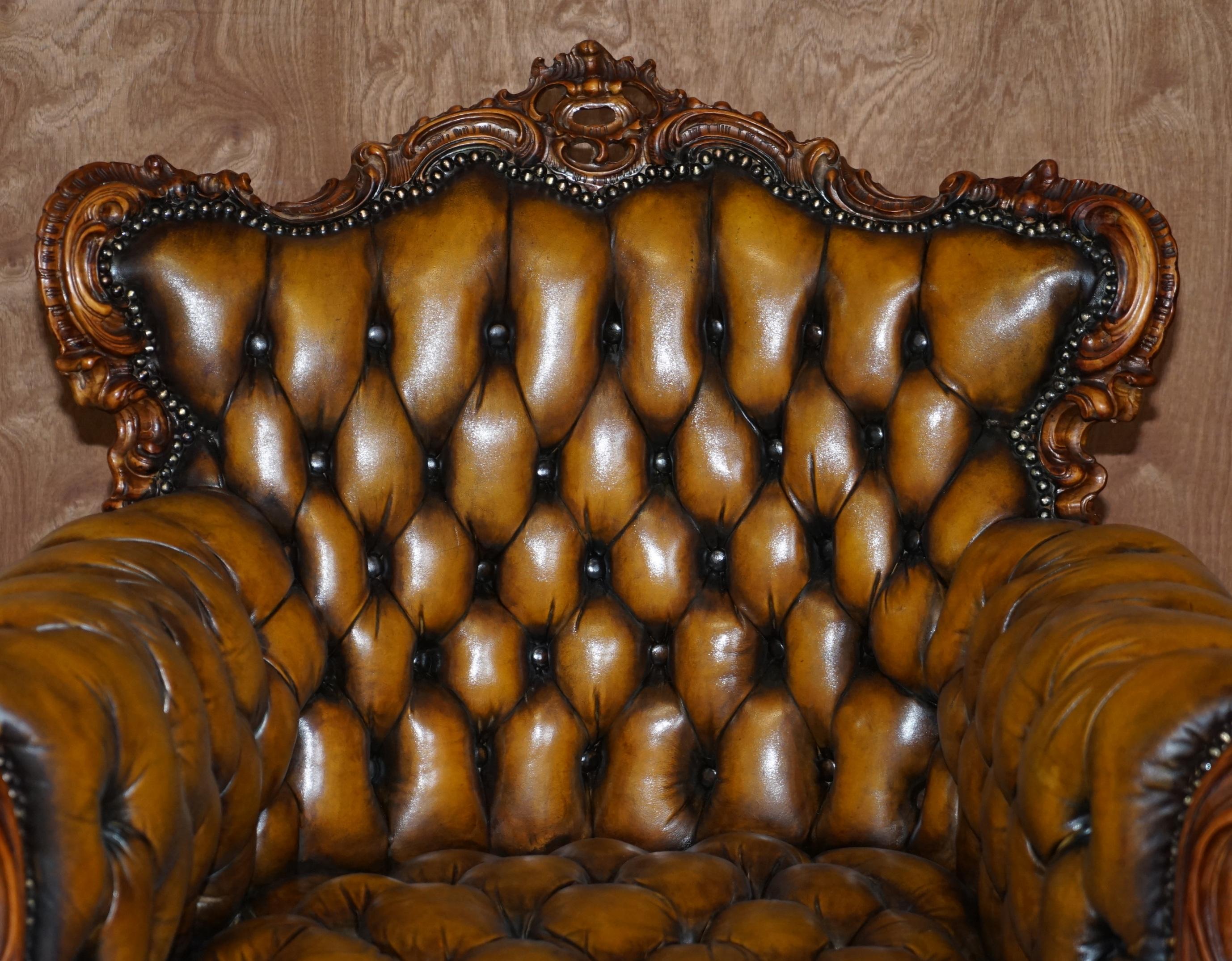 Pair of Stunning circa 1900 Carved Walnut & Brown Leather Chesterfield Armchairs 12