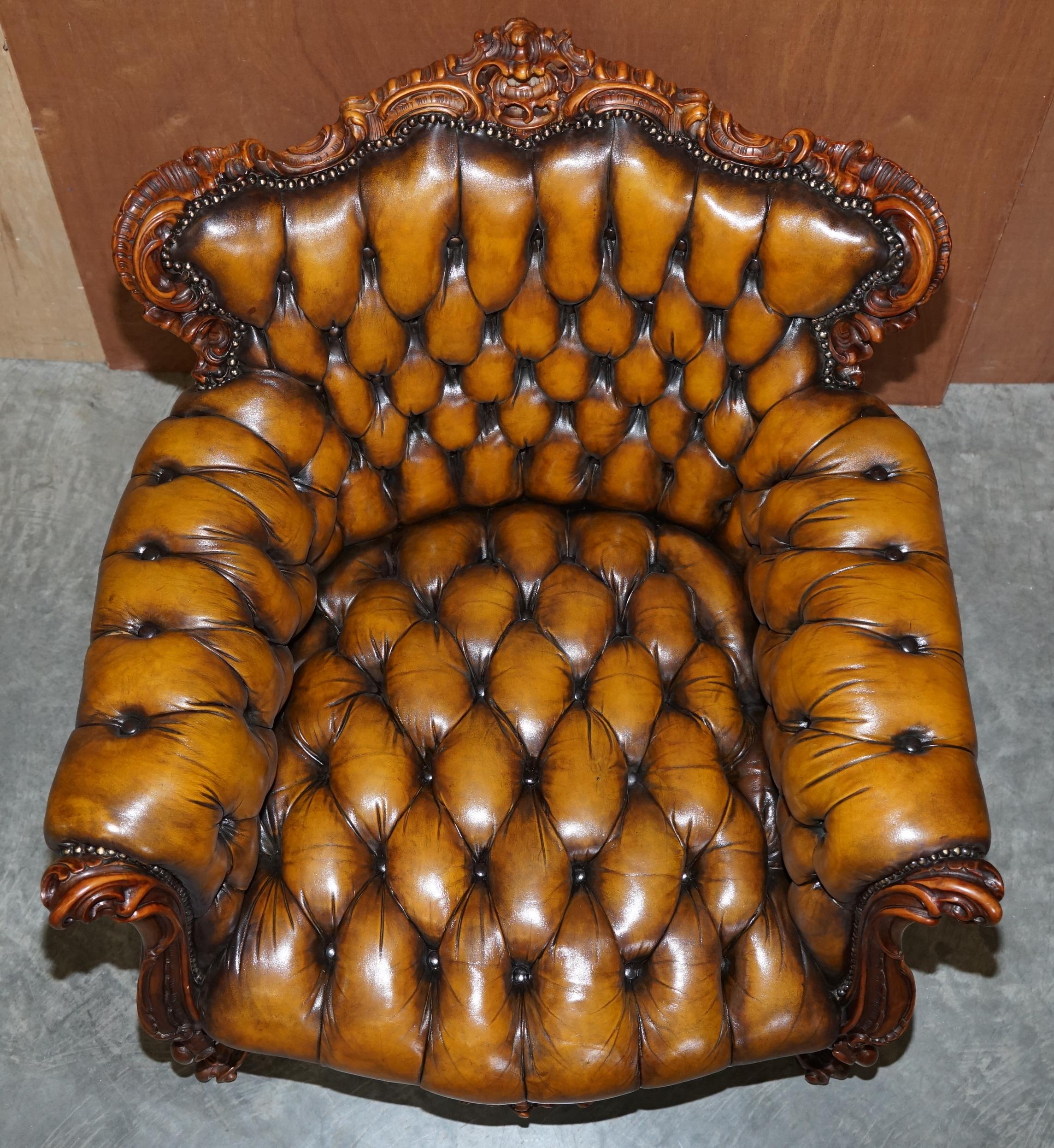 Pair of Stunning circa 1900 Carved Walnut & Brown Leather Chesterfield Armchairs 13