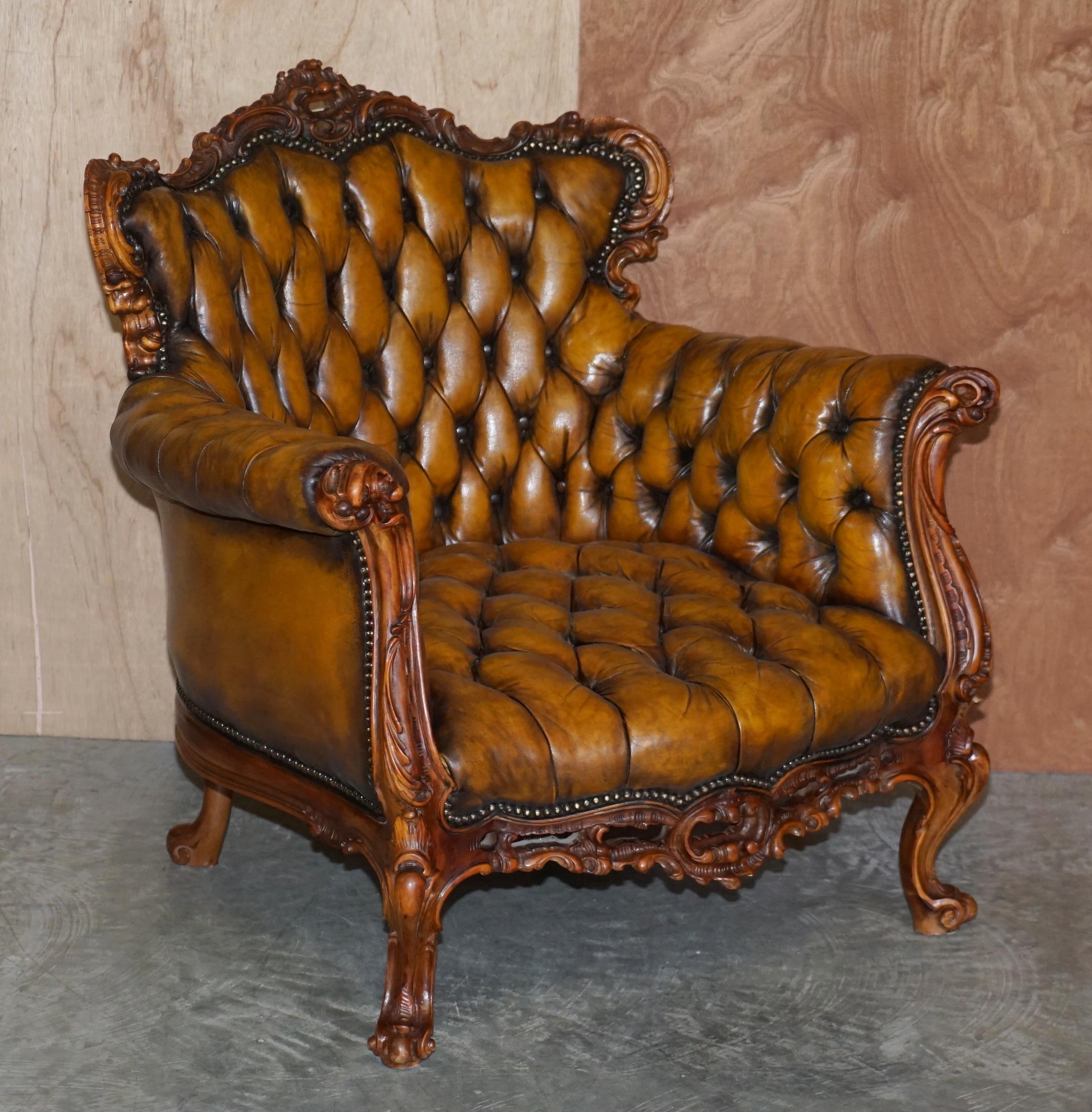 We are delighted to offer for sale this lovely pair of fully restored circa 1900 French, Chesterfield Tufted, hand dyed cigar brown coloured club armchairs

A very good looking and well made pair, they are French as mentioned, they have ornately