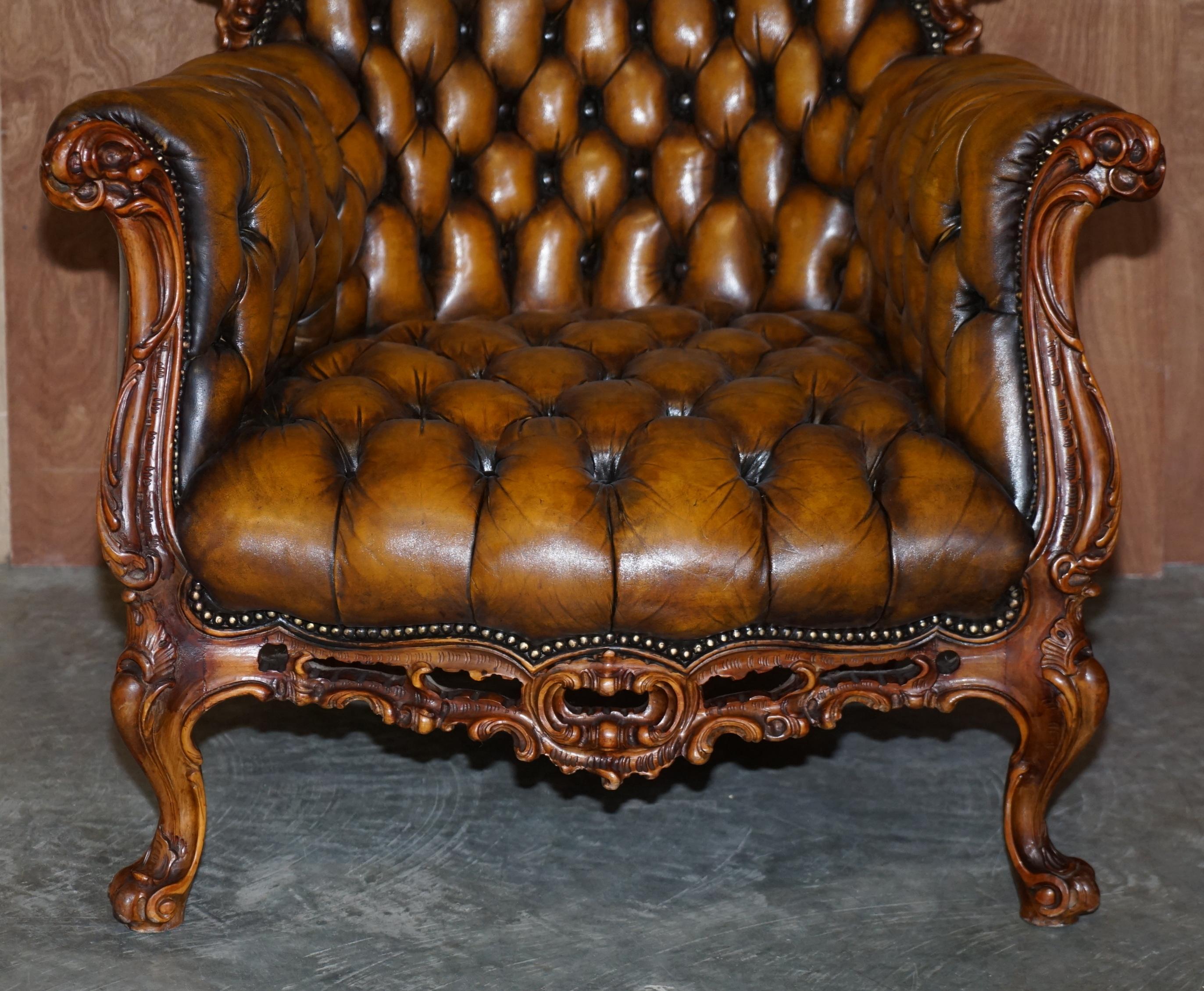 Pair of Stunning circa 1900 Carved Walnut & Brown Leather Chesterfield Armchairs 14