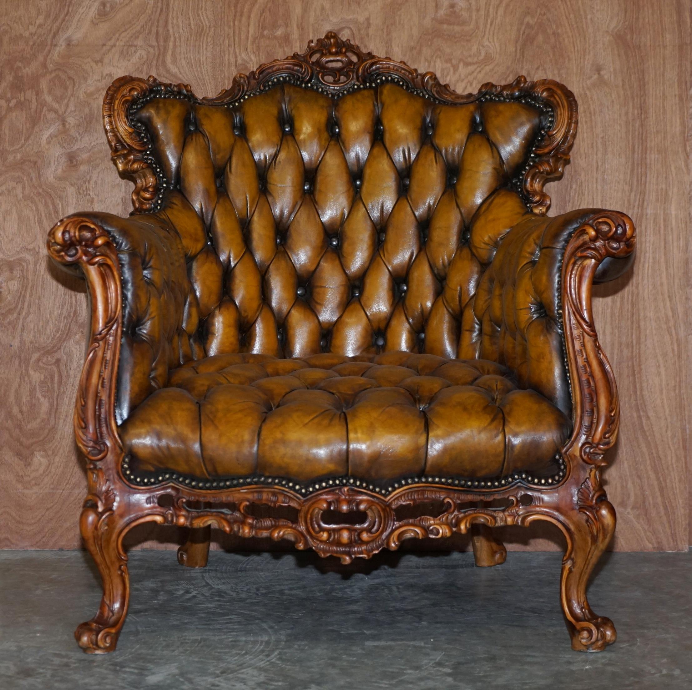 Late Victorian Pair of Stunning circa 1900 Carved Walnut & Brown Leather Chesterfield Armchairs