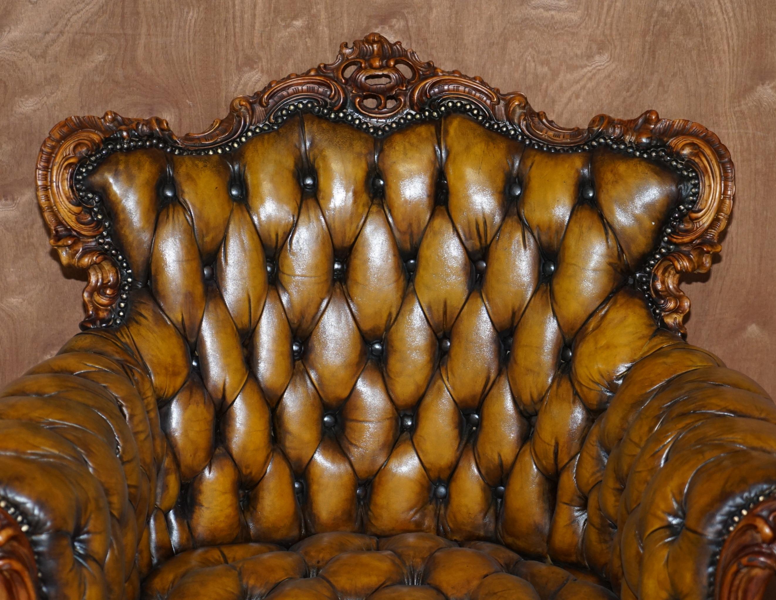 English Pair of Stunning circa 1900 Carved Walnut & Brown Leather Chesterfield Armchairs
