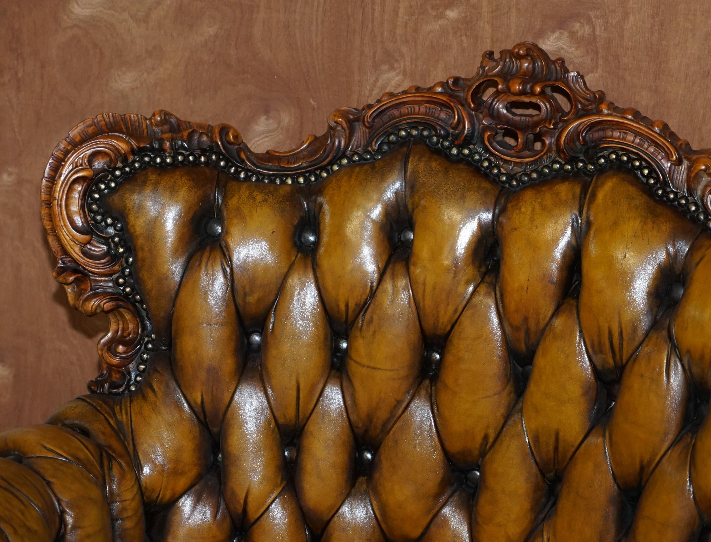 Hand-Crafted Pair of Stunning circa 1900 Carved Walnut & Brown Leather Chesterfield Armchairs
