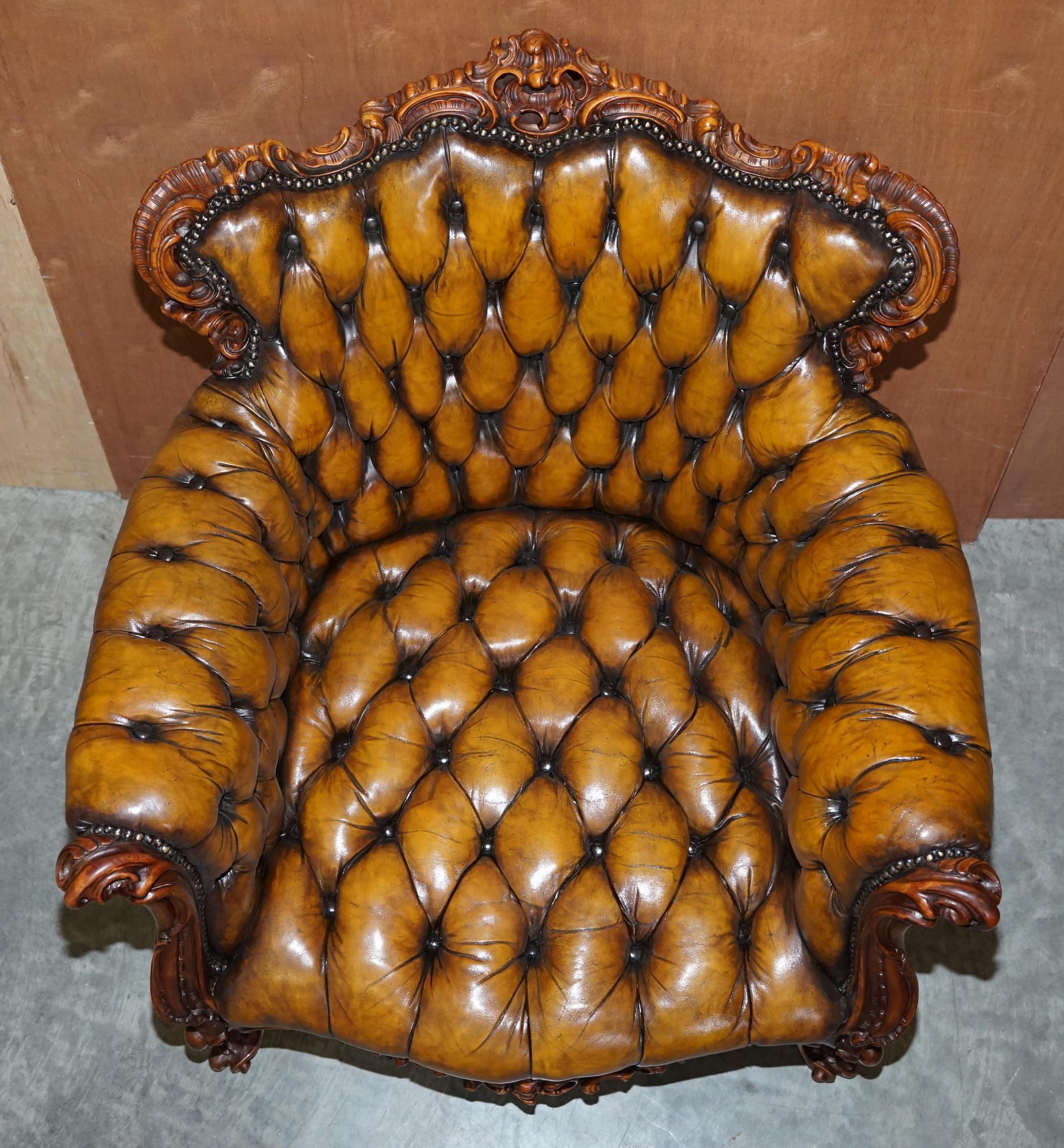 Pair of Stunning circa 1900 Carved Walnut & Brown Leather Chesterfield Armchairs 1