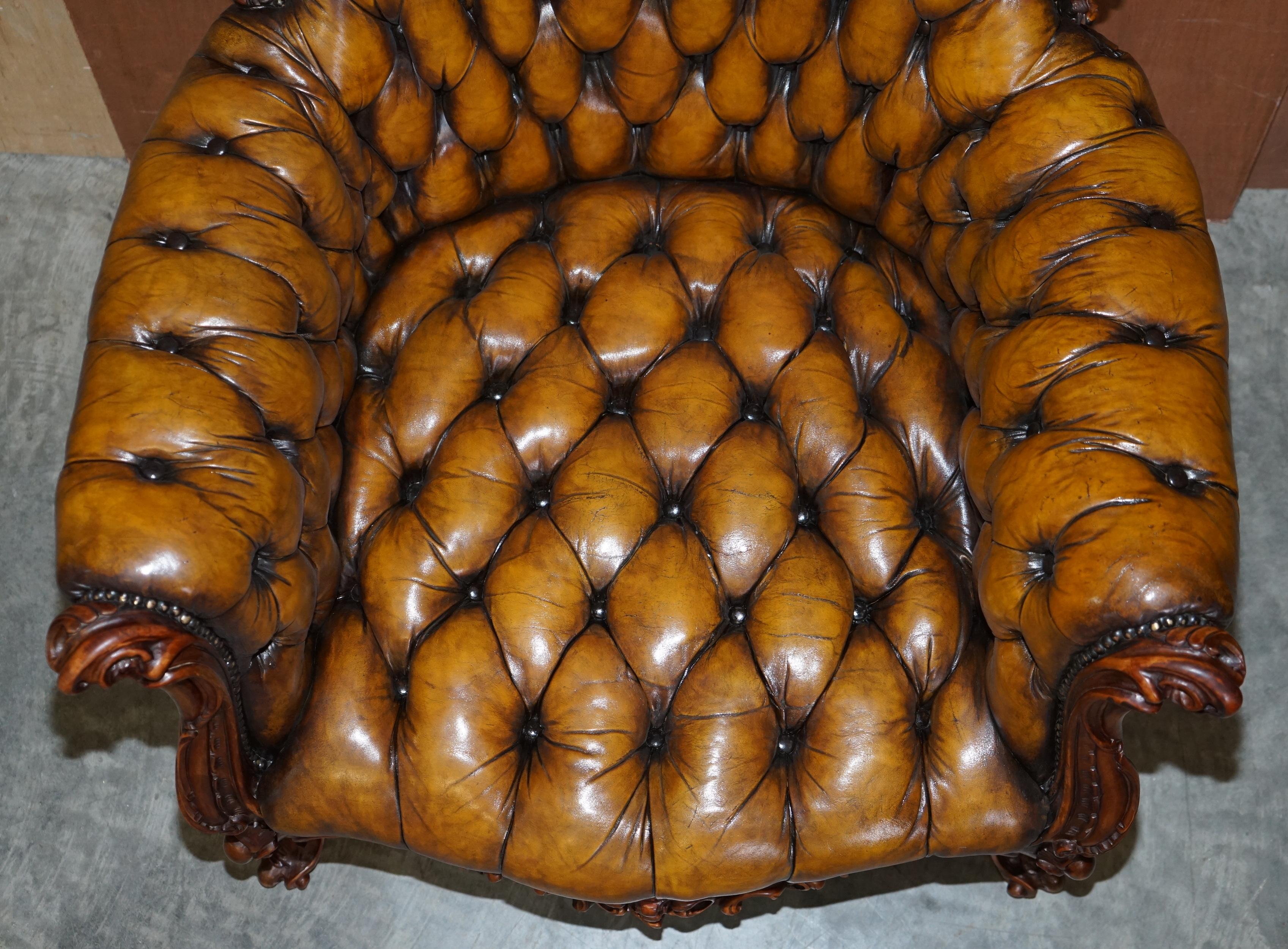 Pair of Stunning circa 1900 Carved Walnut & Brown Leather Chesterfield Armchairs 2