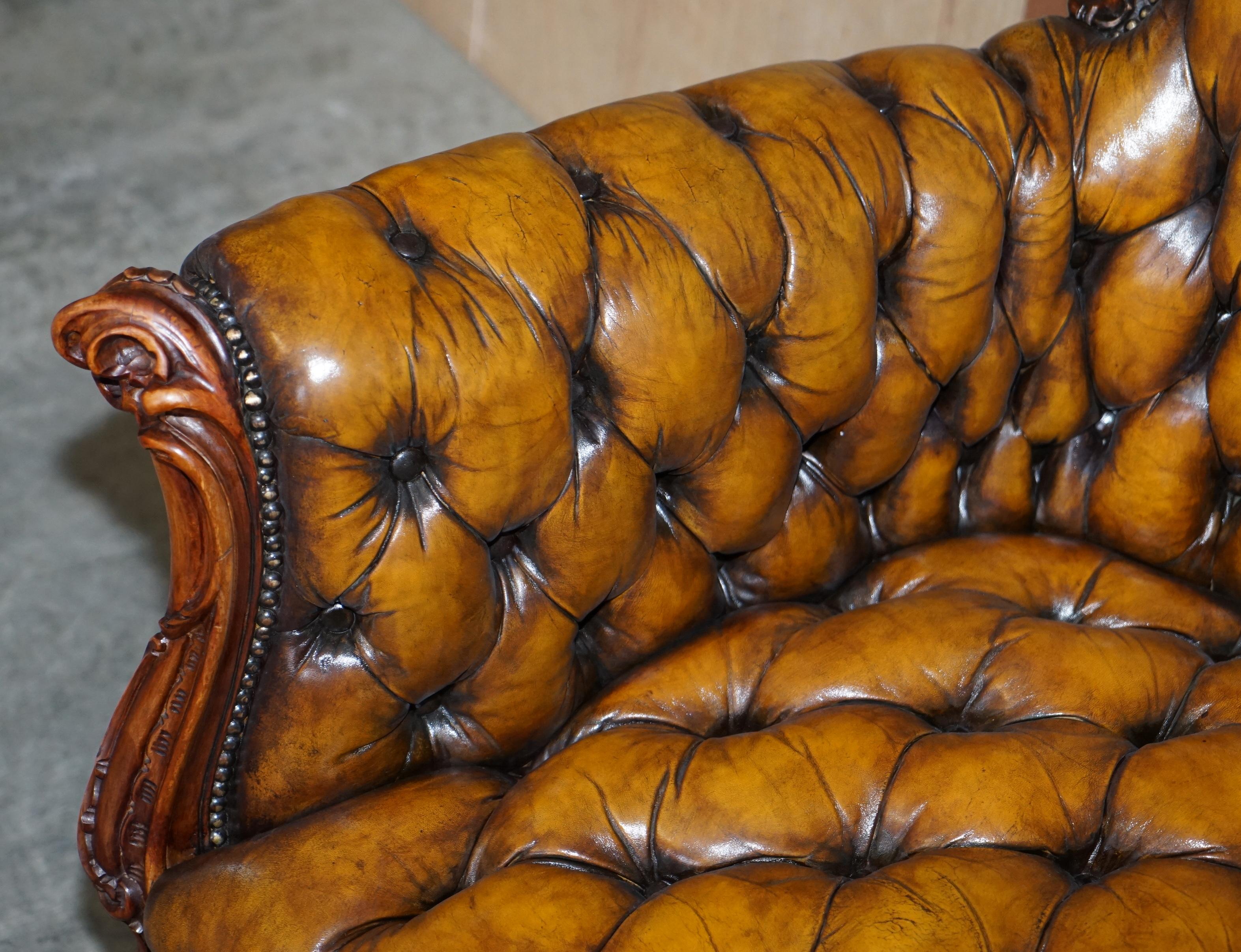 Pair of Stunning circa 1900 Carved Walnut & Brown Leather Chesterfield Armchairs 3