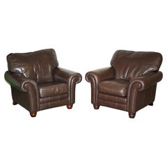 PAIR OF STUNNING COMFORTABLE Vintage DEEP BROWN LEATHER CONTEMPORARY ARMCHAIRS