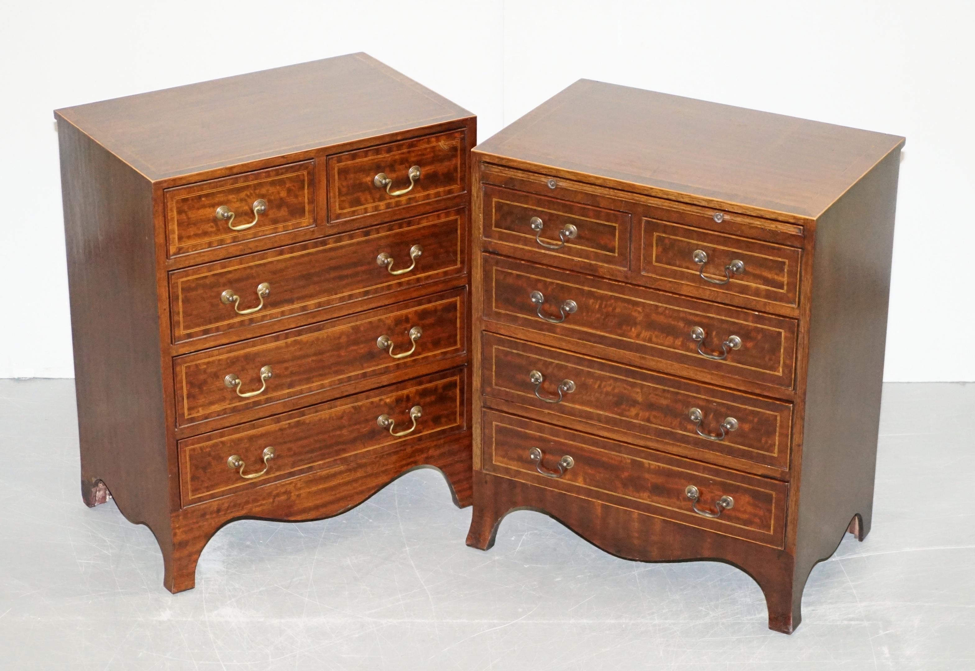 We are delighted to offer for sale this stunning pair of late Victorian handmade flamed mahogany side table sized chests of drawers with butlers serving tray.

These are a very fine pair of drawers, they are exquisite quality, the cuts of mahogany