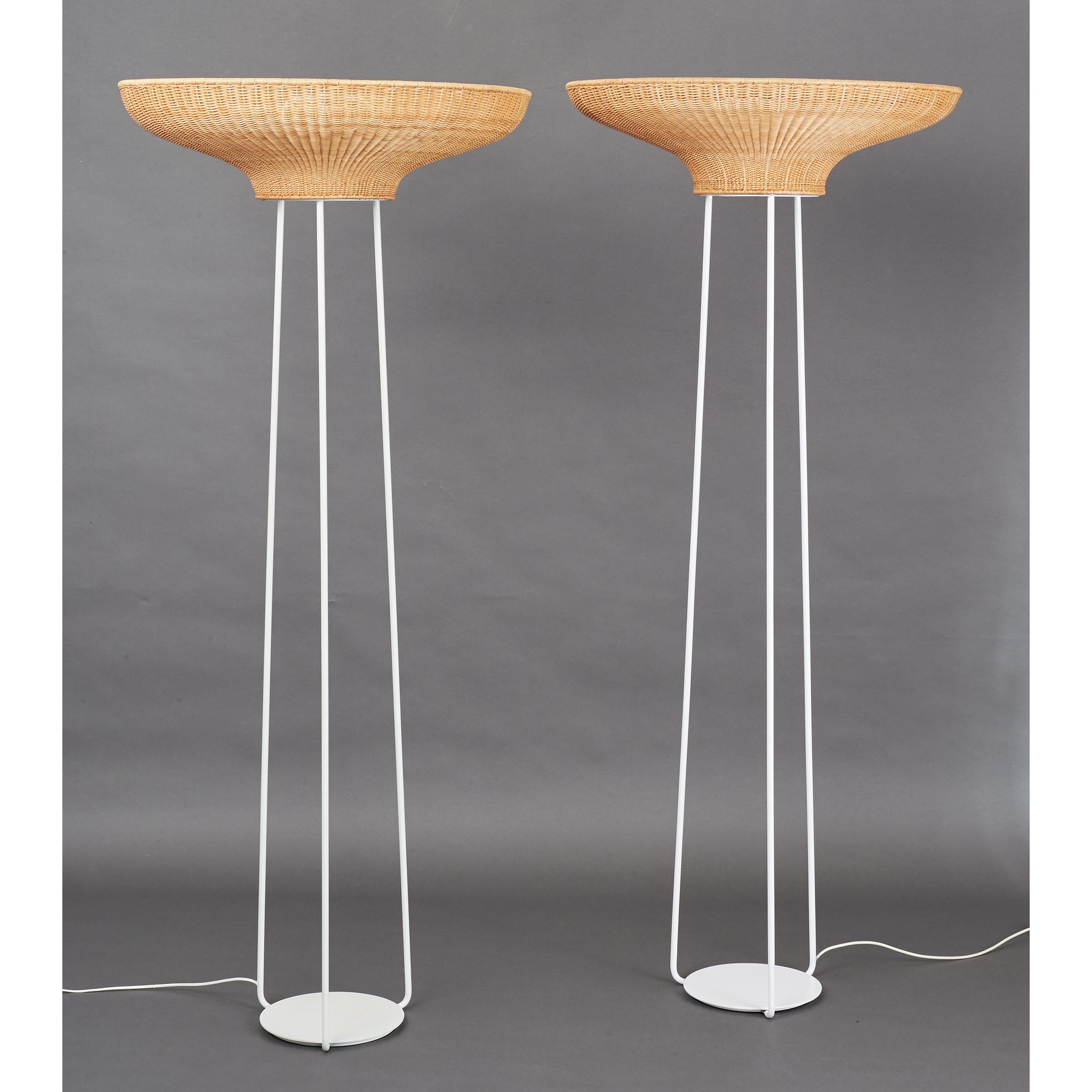 France, late 20th century
A stunning pair of floor lamps in enameled metal and tightly woven rattan.
An elegant and modern reinterpretation of a classical tripod lamp.
Measures: 30 Ø x 71 H
Rewired for use in the US with one standard base