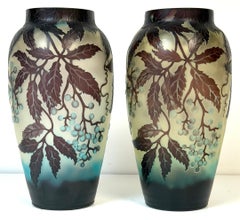 Pair of Stunning French Cameo Glass Vases in the Style of Gallé