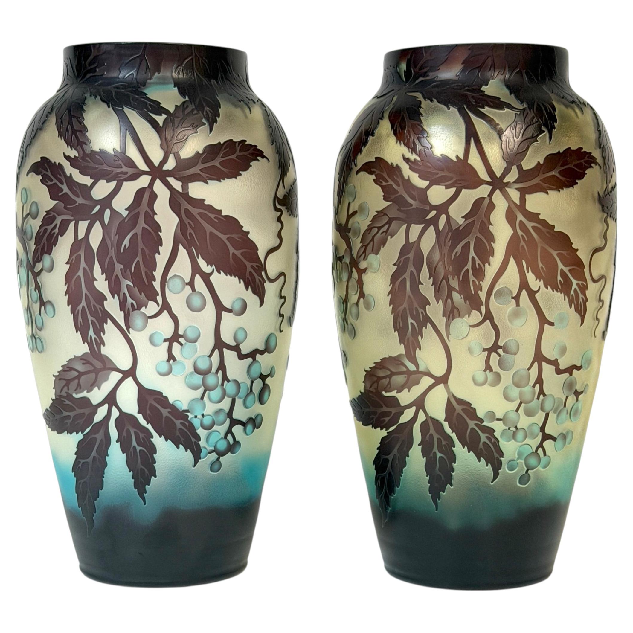 Pair of Stunning French Cameo Glass Vases in the Style of Gallé