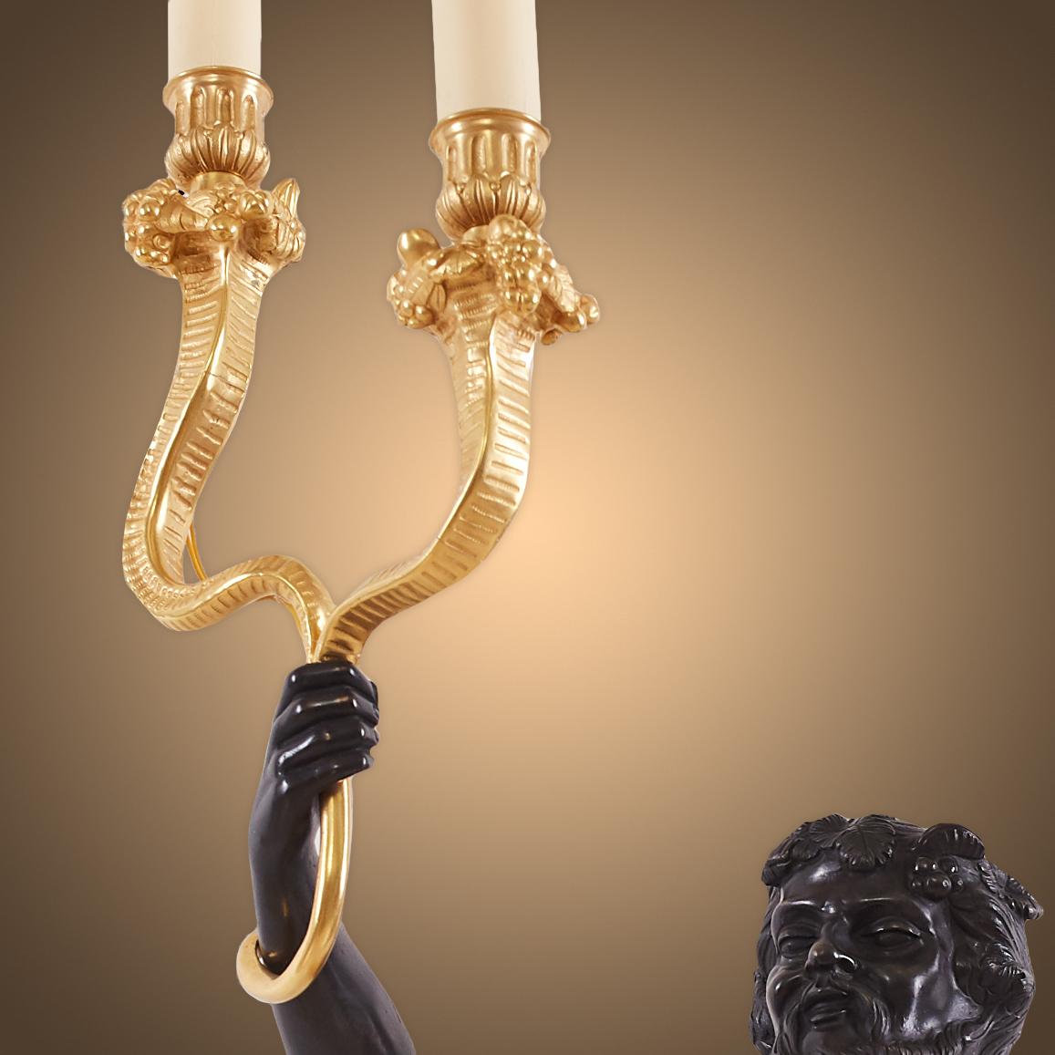 Gold Plate Pair of Stunning Gilt and Patinated Bronze Wall Sconces