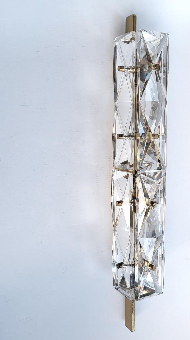 Crystal Pair of Stunning Huge German Vintage Glass and Brass Wall Lights Sconces, 1960s For Sale