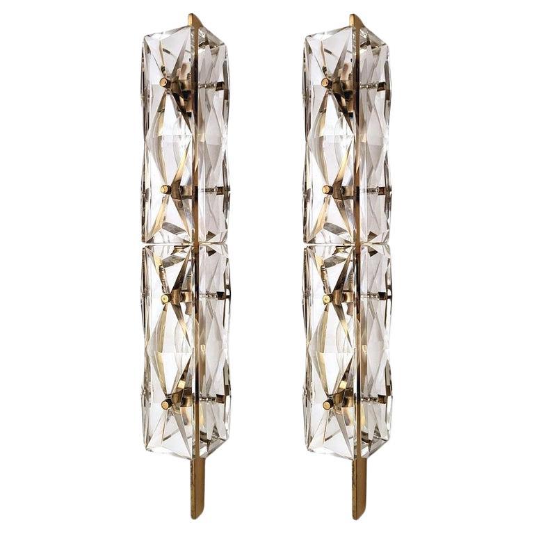 Pair of Stunning Huge German Vintage Glass and Brass Wall Lights Sconces, 1960s For Sale 1