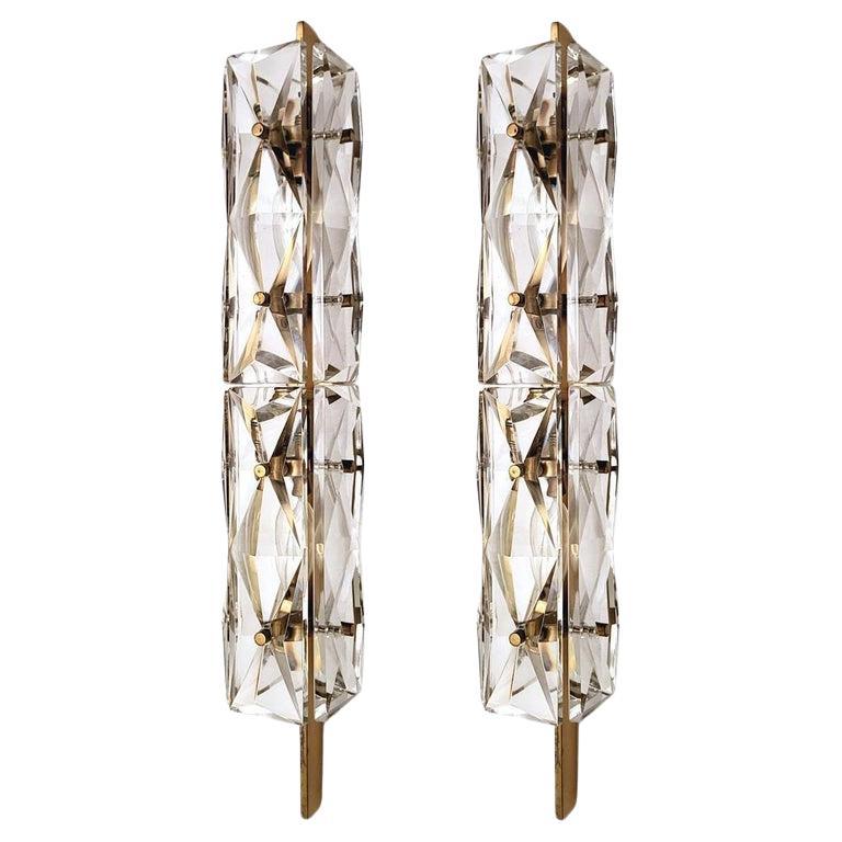 Pair of Stunning Huge German Vintage Glass and Brass Wall Lights Sconces, 1960s For Sale 1