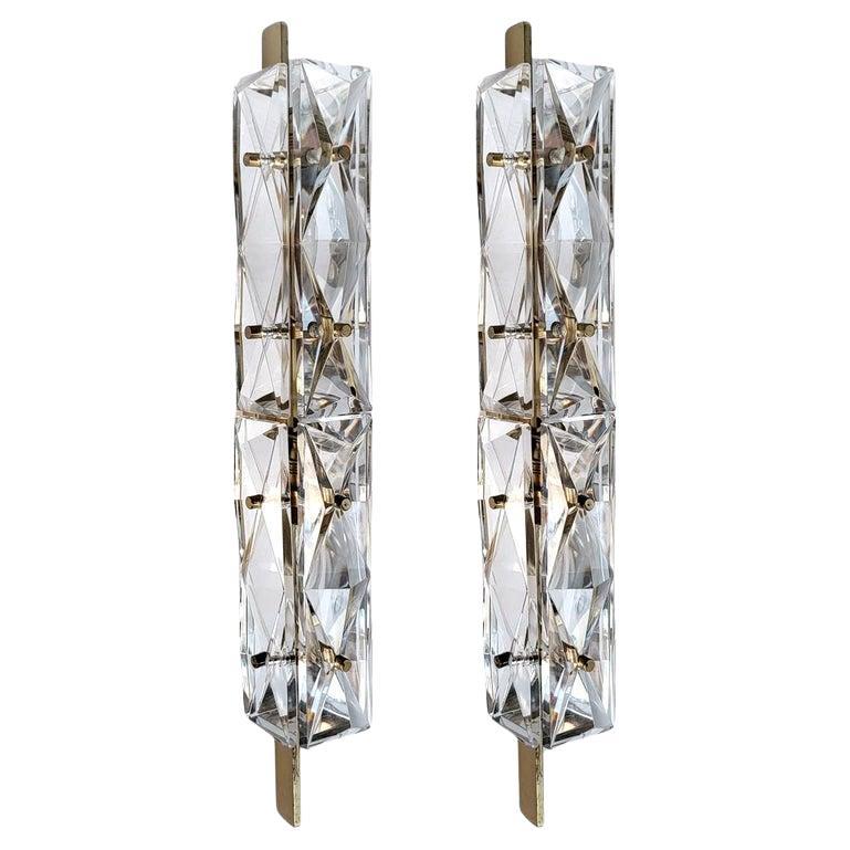 Pair of Stunning Huge German Vintage Glass and Brass Wall Lights Sconces, 1960s For Sale