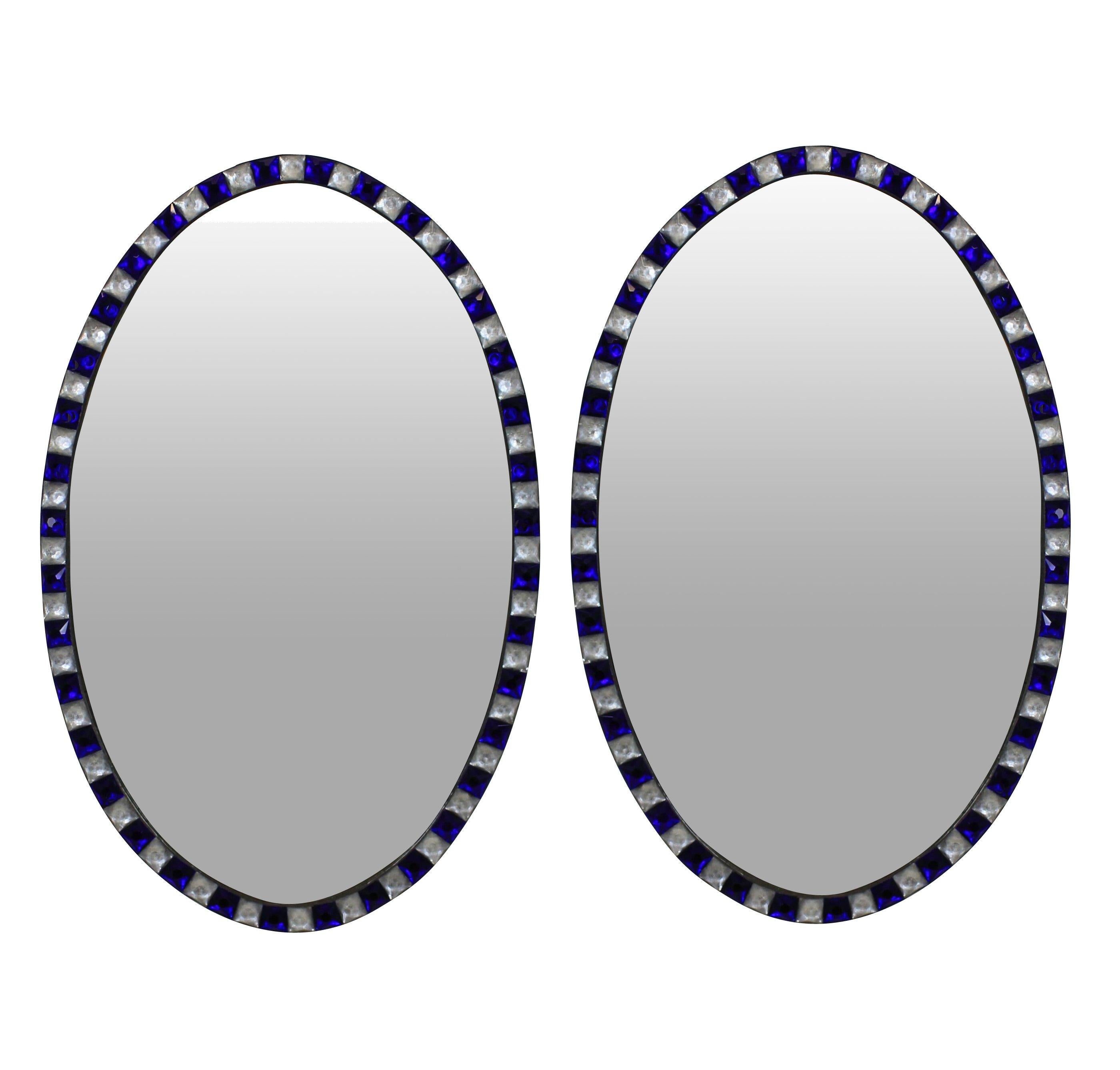 Pair of Stunning Irish Mirrors with Faceted Rock Crystal and Blue Glass Borders 1