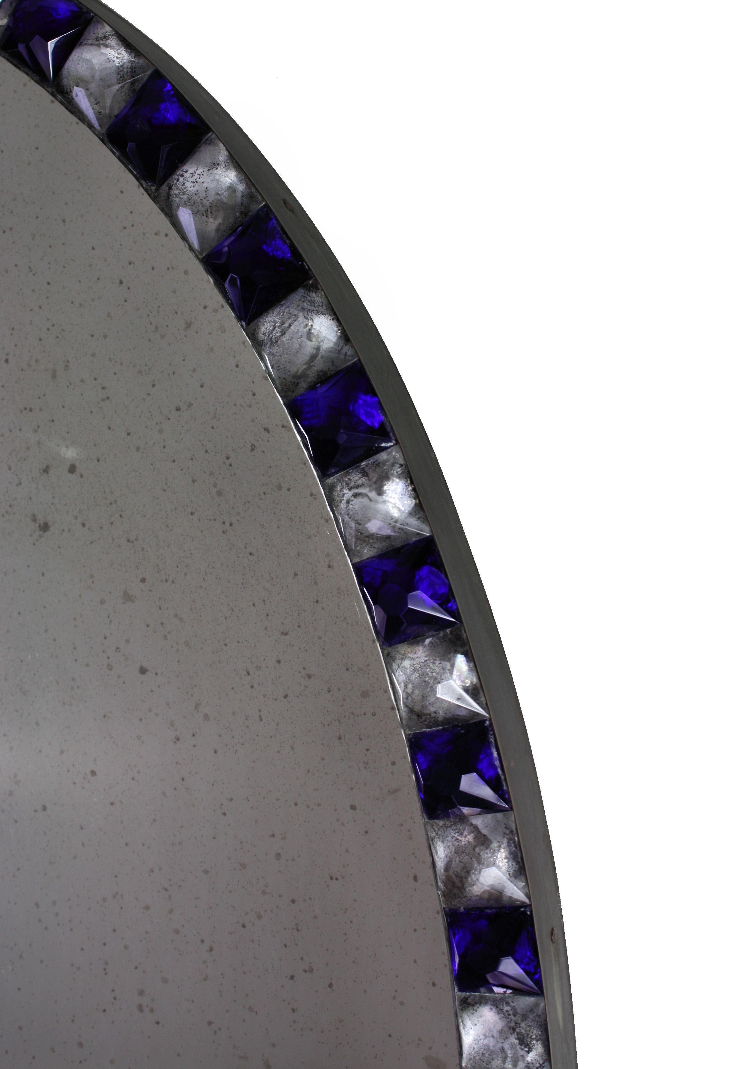 Pair of Stunning Irish Mirrors with Faceted Rock Crystal and Blu Glass Borders 3