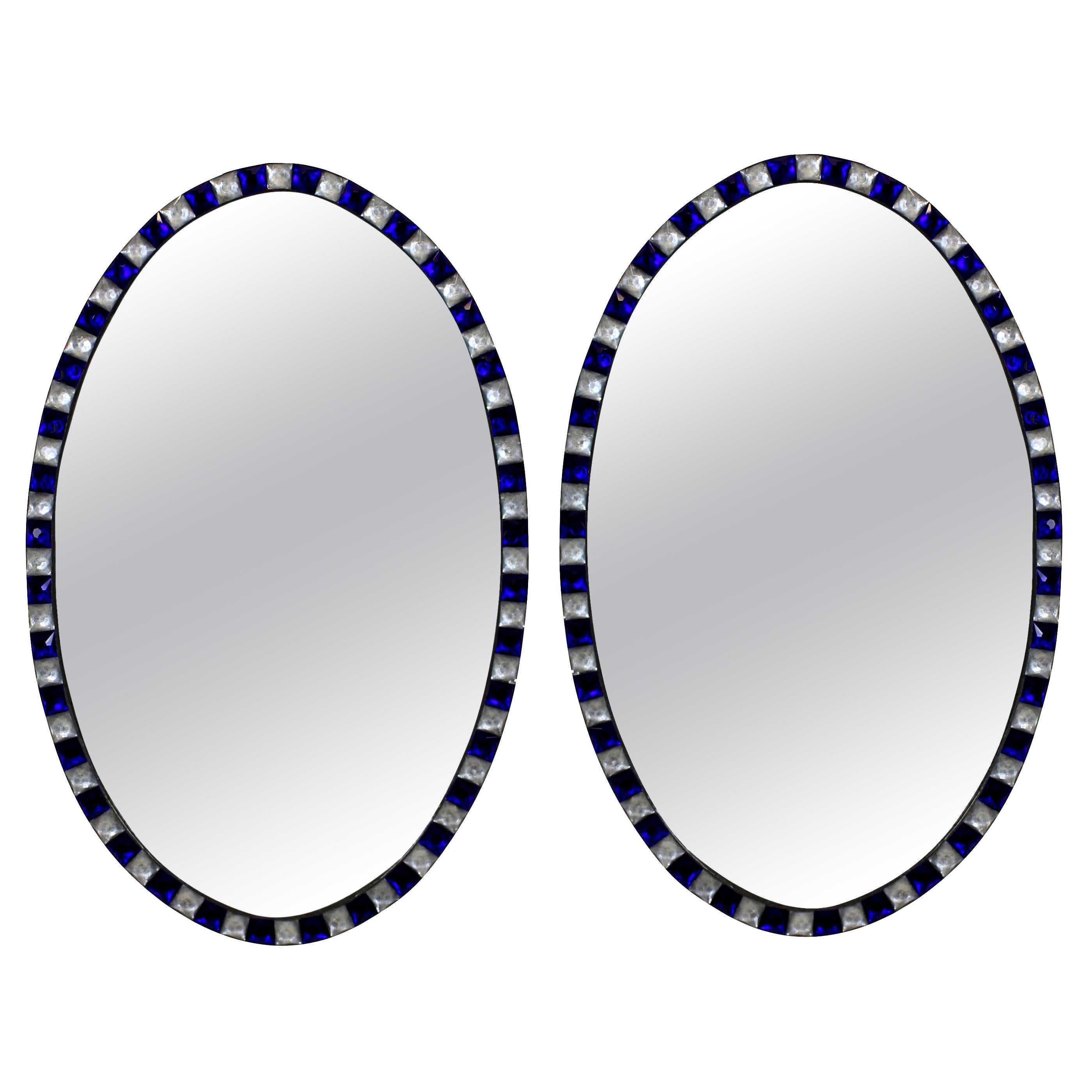 Pair of Stunning Irish Mirrors with Faceted Rock Crystal and Blue Glass Borders