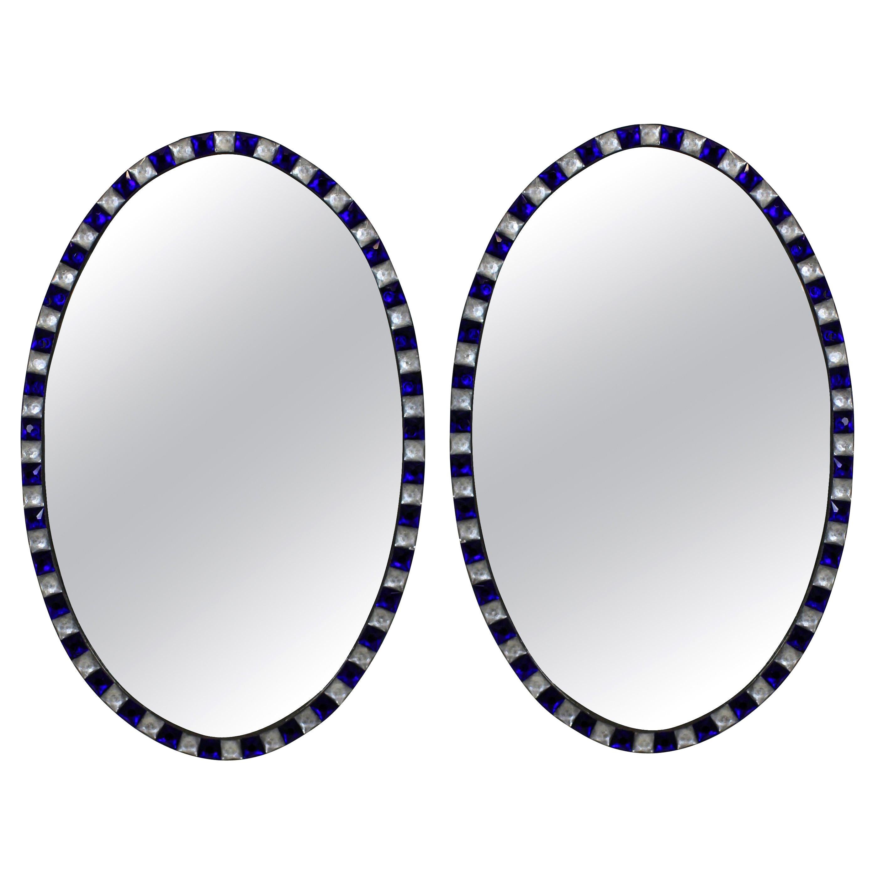 Pair of Stunning Irish Mirrors with Faceted Rock Crystal and Blu Glass Borders