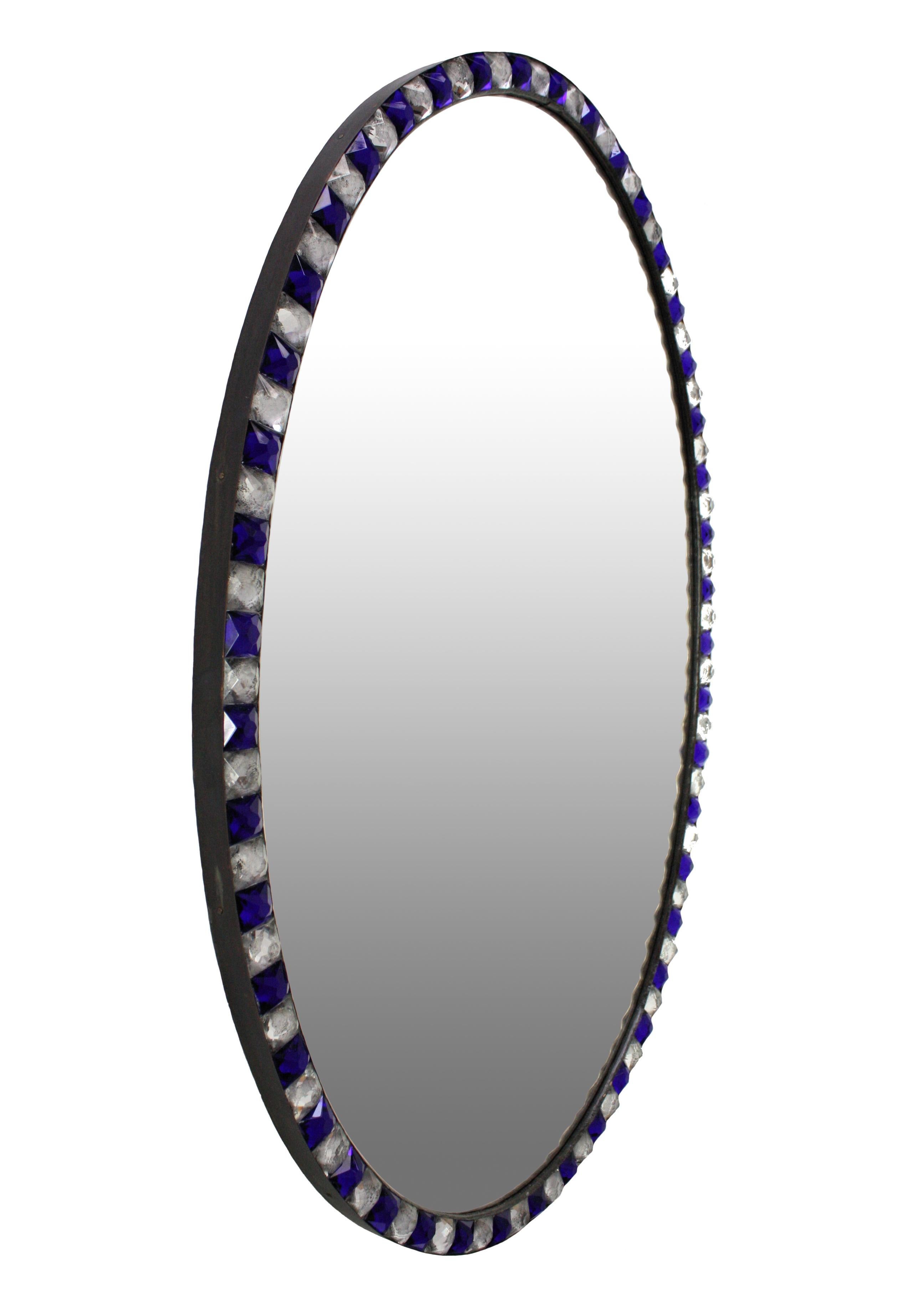Pair of Stunning Irish Mirrors with Faceted Rock Crystal and Blue Glass Borders 1