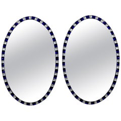 Pair of Stunning Irish Mirrors with Faceted Rock Crystal and Blue Glass Borders