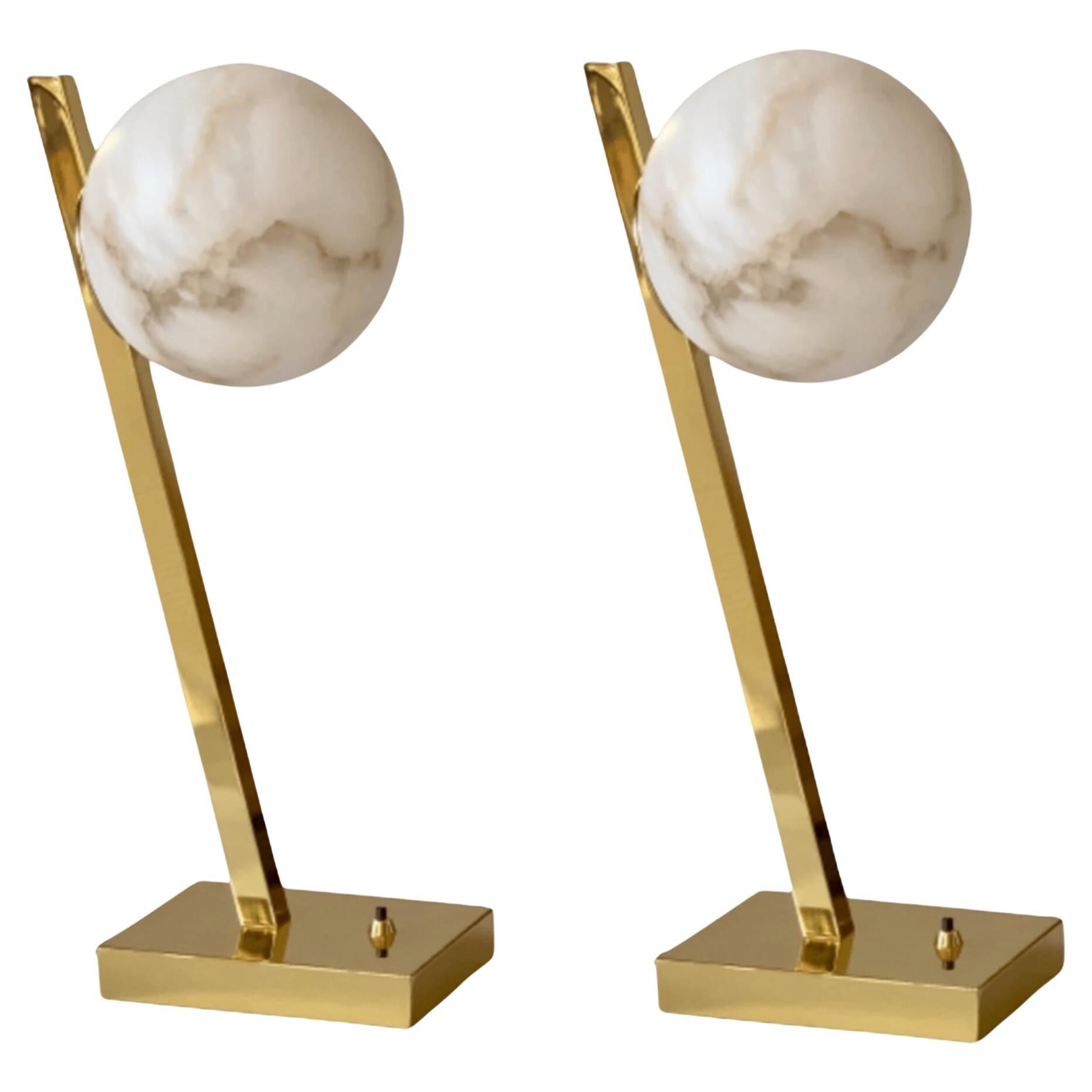 Pair of Stunning Italian Alabaster Sphere Offset Table Lamp, in polished brass For Sale