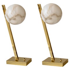 Pair of Stunning Italian Alabaster Sphere Offset Table Lamp, in polished brass
