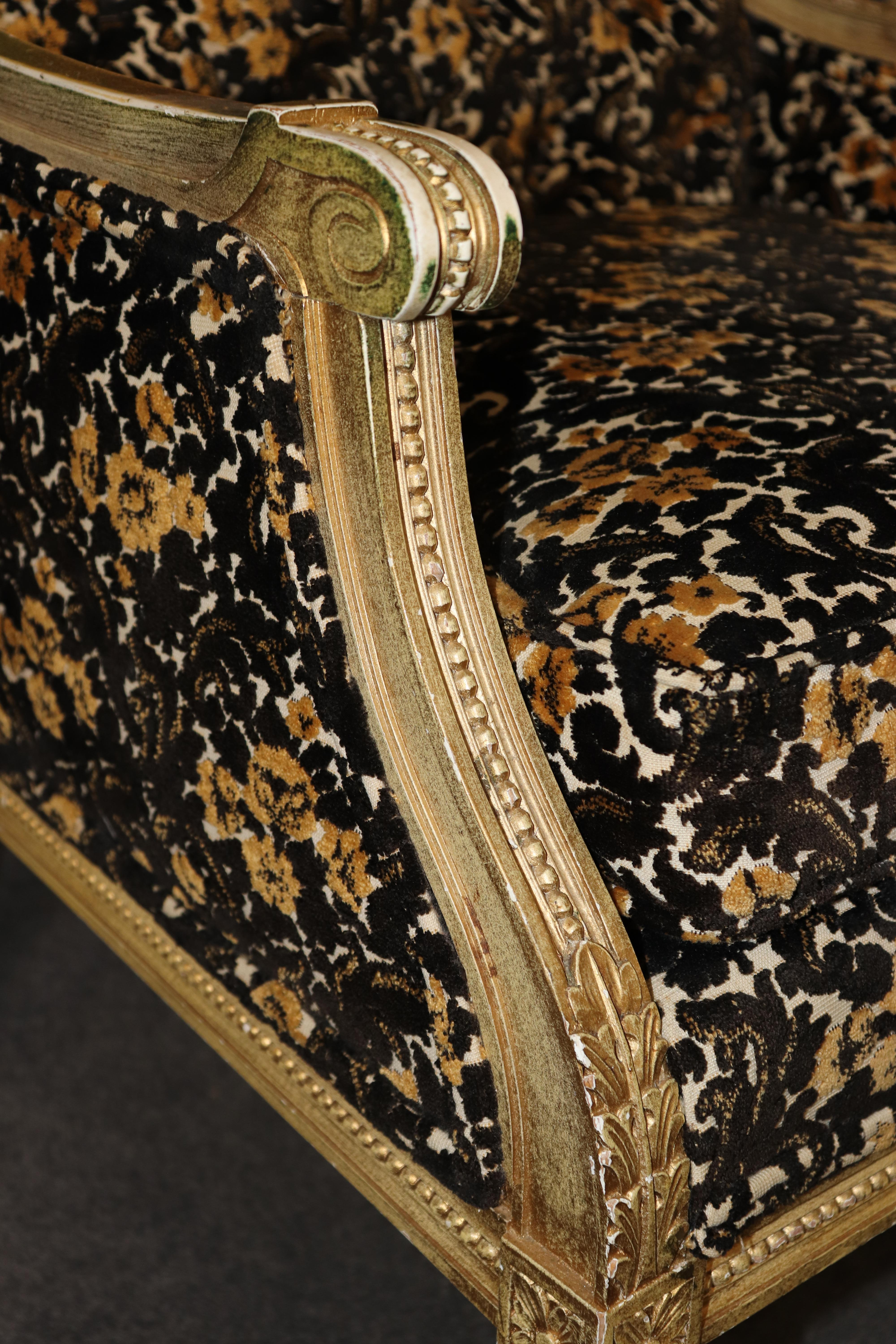 Pair of Stunning Louis XVI Style Gilt Carved Bergere Chairs For Sale 4