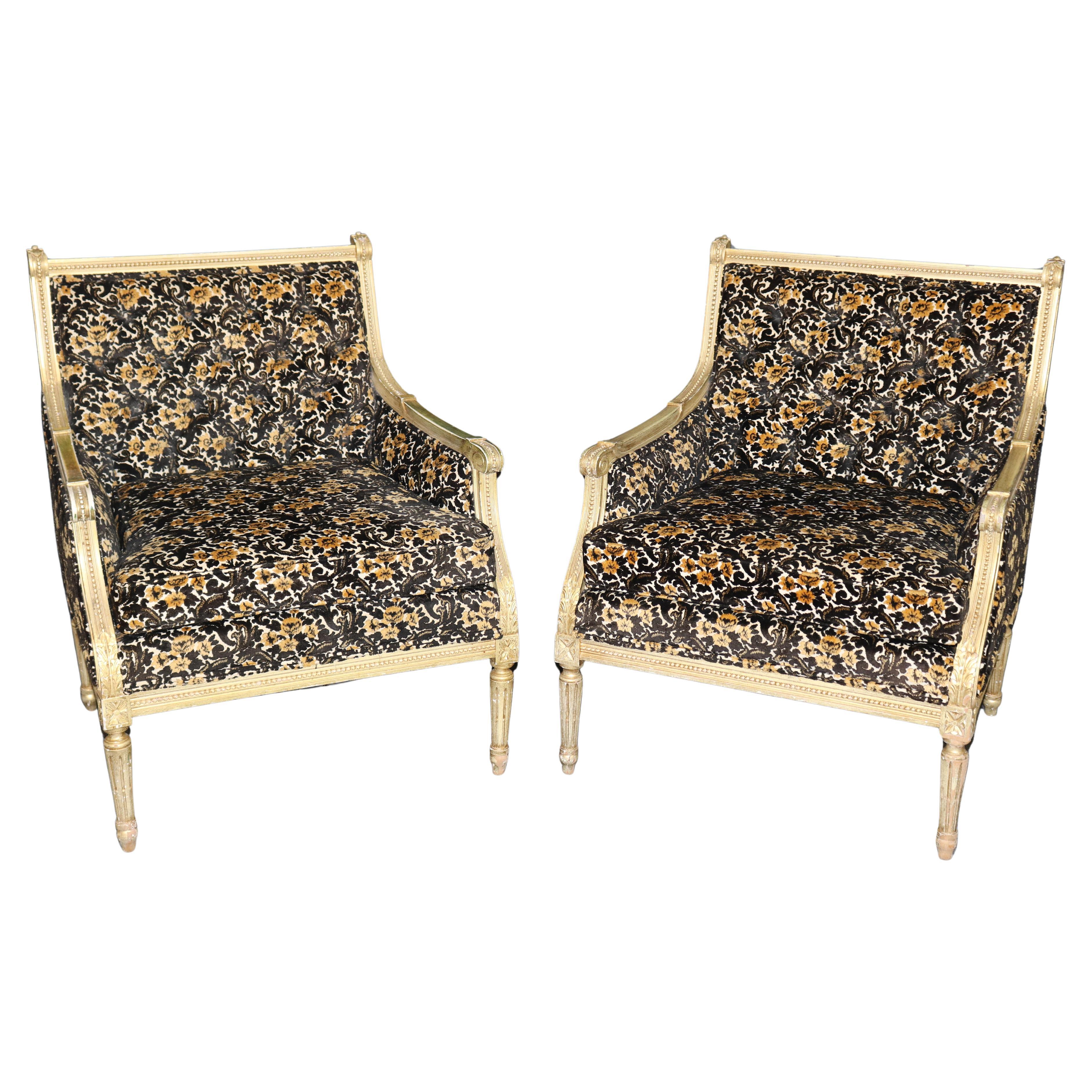 Pair of Stunning Louis XVI Style Gilt Carved Bergere Chairs For Sale