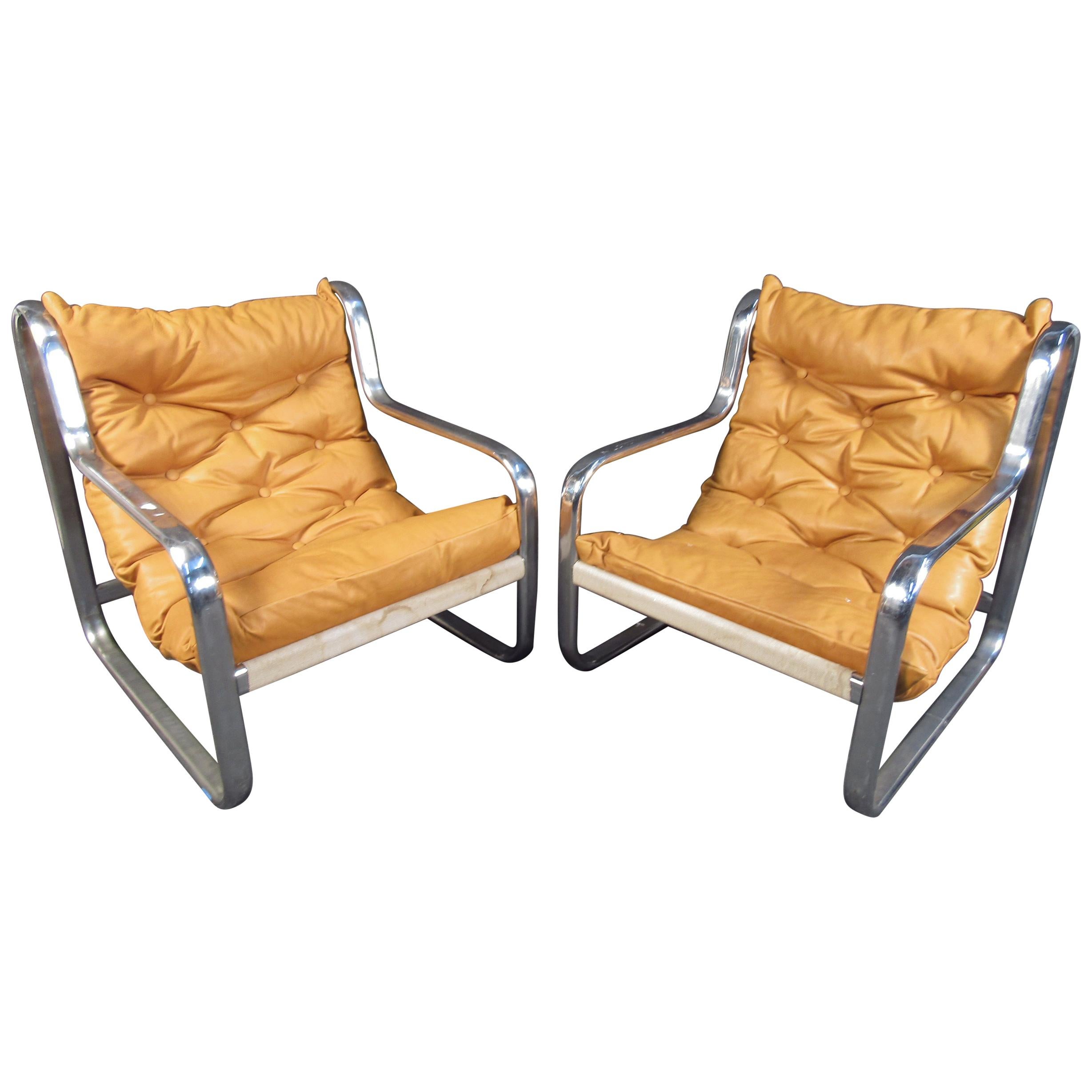 Pair of Stunning Midcentury Leather/ Chrome Italian Lounge Chairs