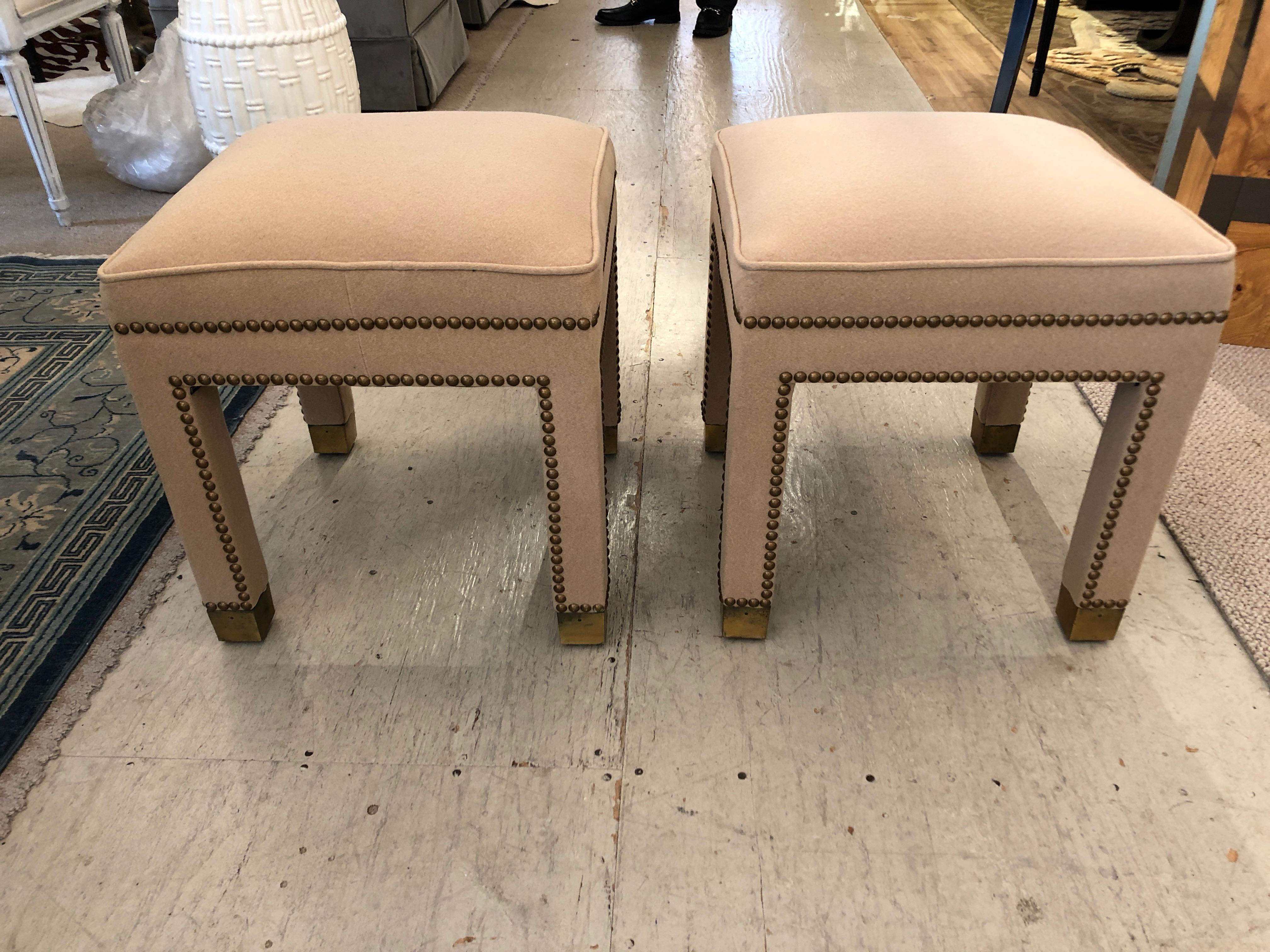 Mid-Century Modern Pair of Vintage Newly Upholstered Parsons Style Camelhair Ottomans Benches