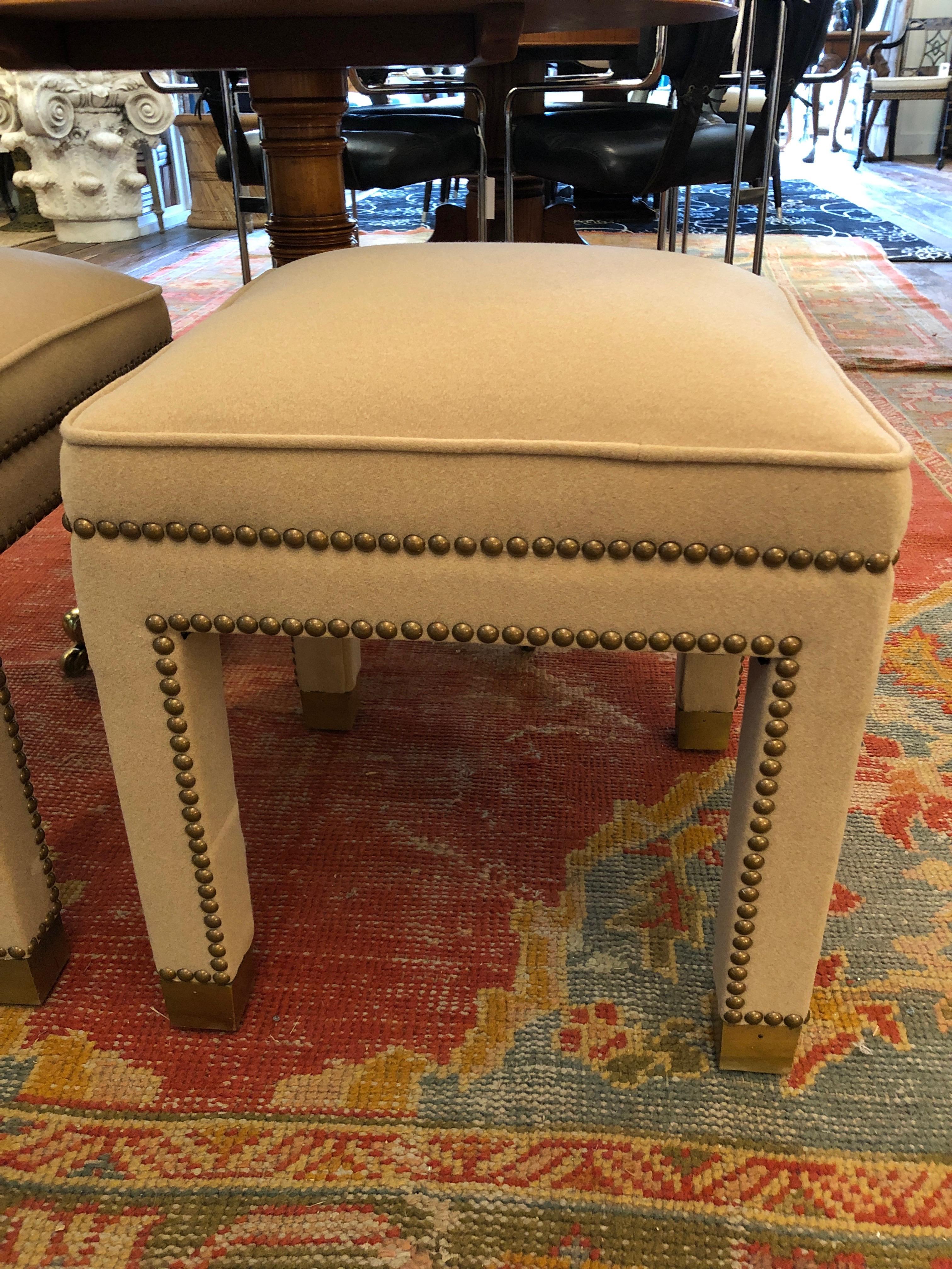 Pair of Vintage Newly Upholstered Parsons Style Camelhair Ottomans Benches In Excellent Condition In Hopewell, NJ