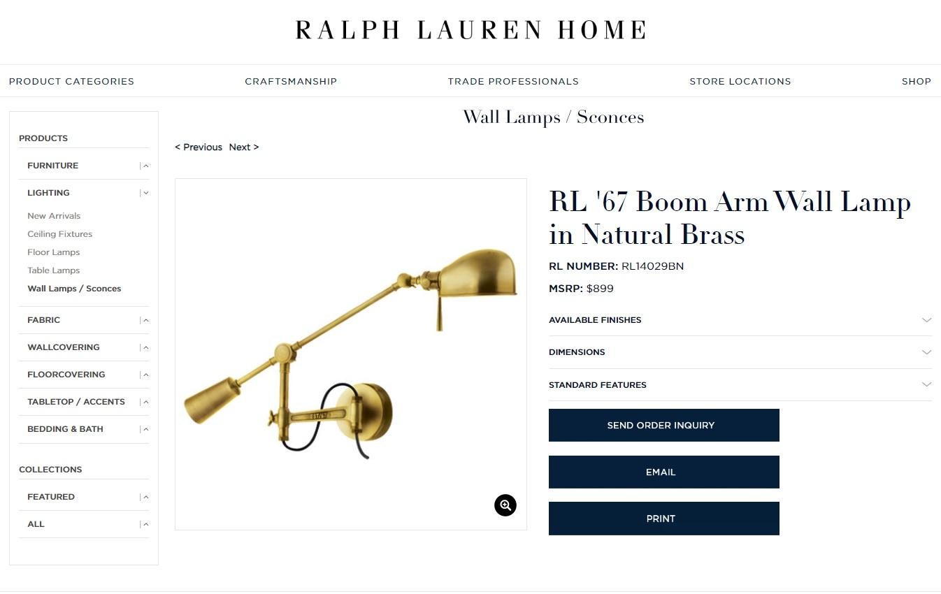 We are delighted to offer for sale this stunning pair of RRP £1500 Ralph Lauren Boom arm wall lights in brass

A very good looking and well made pair, ideally suited to a bedroom for night time reading or a study / library

The condition is