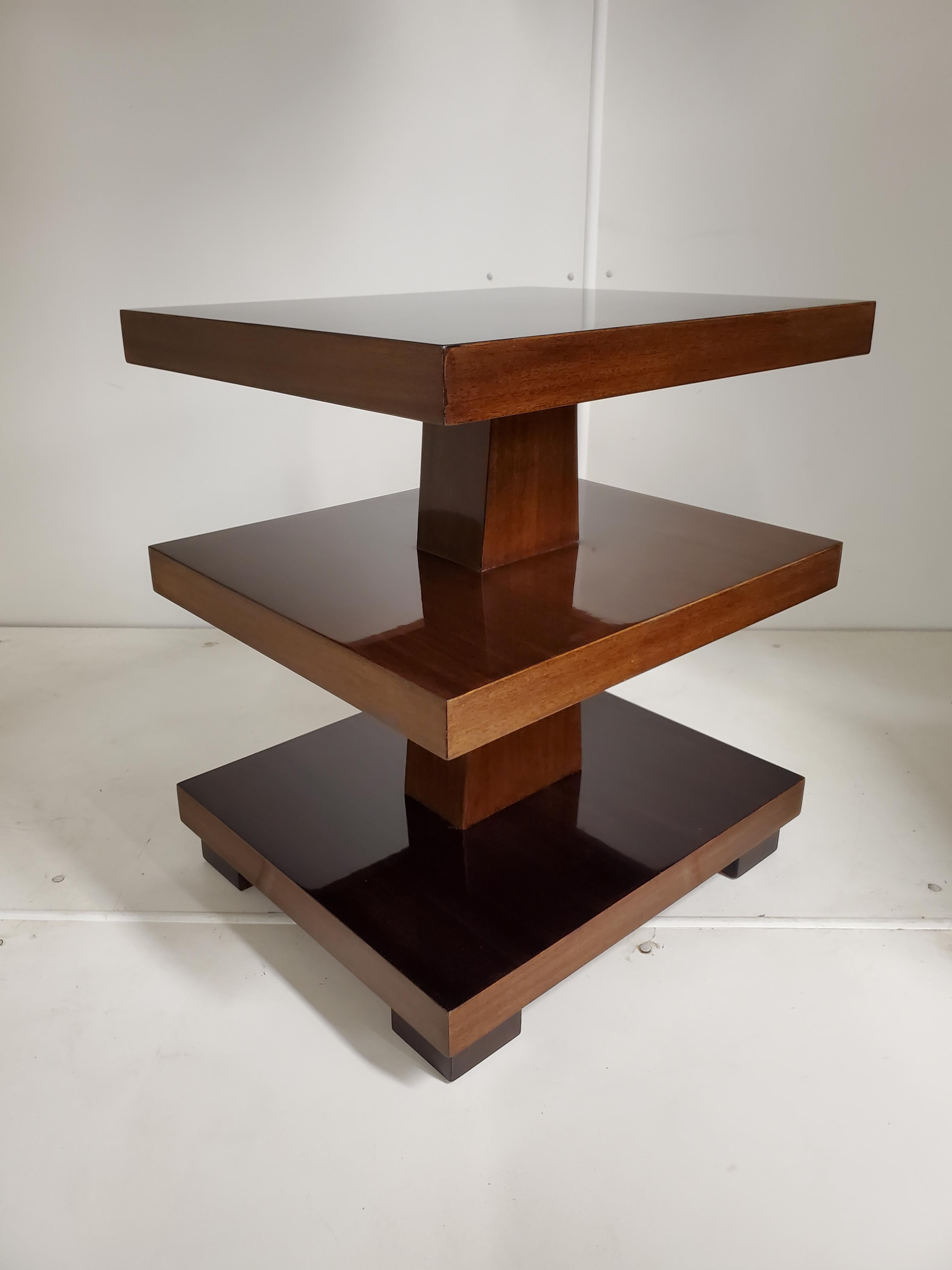 Art Deco Pair of Stunning Rectangular, Three Tiered Mahogany End/ Side Tables