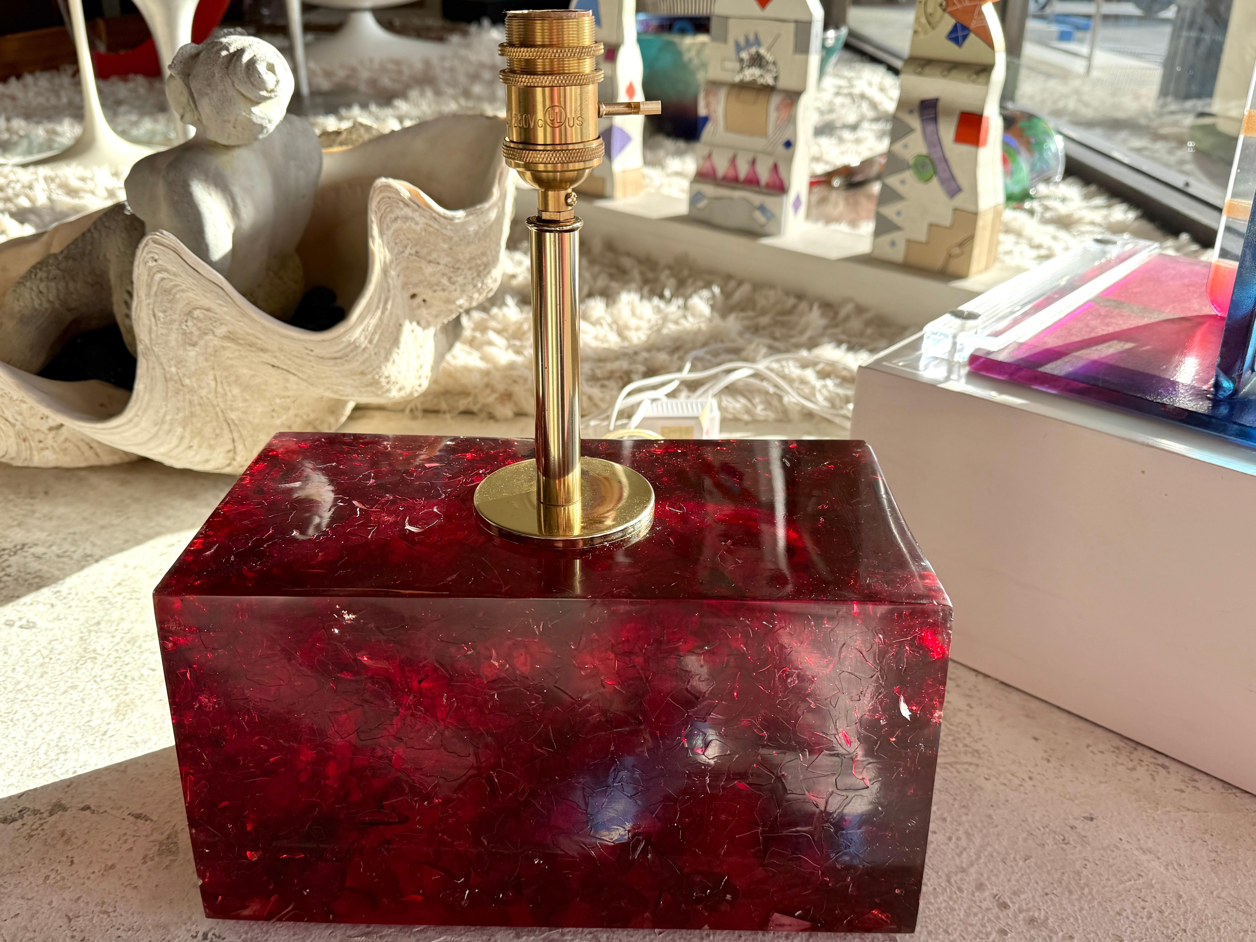 A stunning pair of red Fractal Resin Lamp with solid brass fittings. Beautiful colors when the light shines on them. We’ve been fortunate to have had several pair of these over the many years and always appreciate their beauty. These are in working