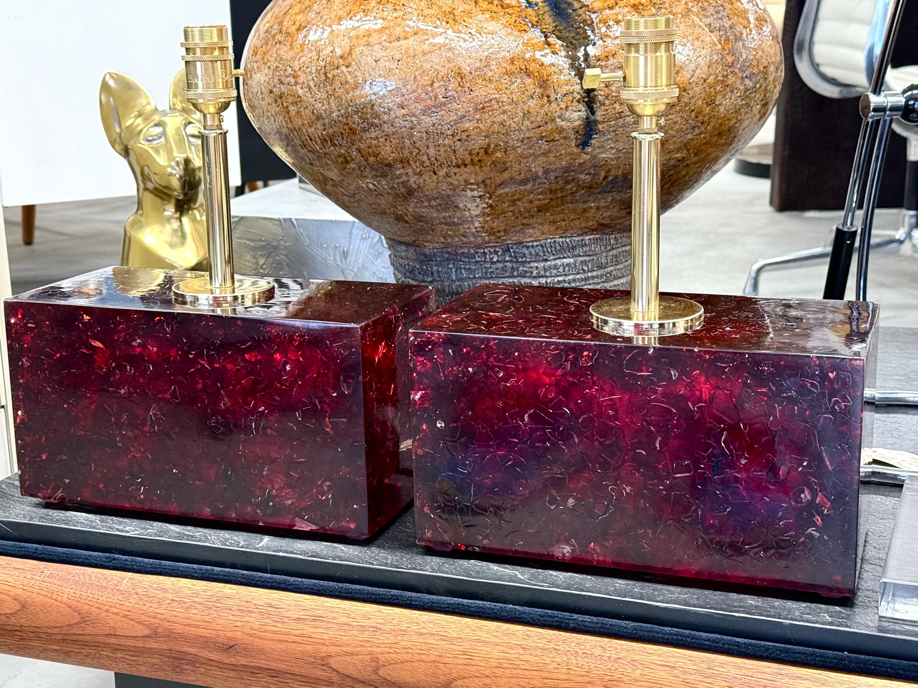 French Pair of Stunning Red Fractal Resin Lamps For Sale