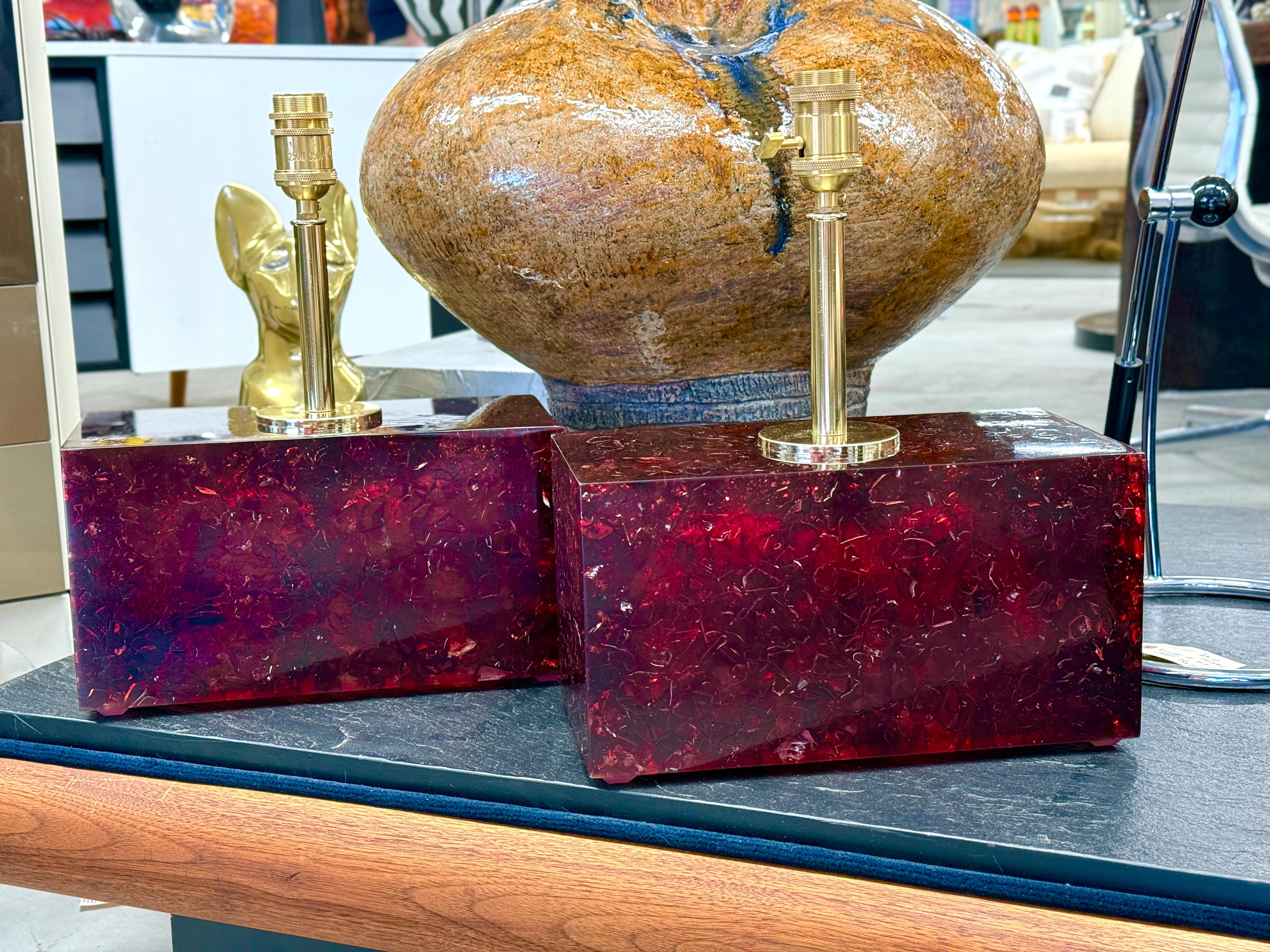 Hand-Crafted Pair of Stunning Red Fractal Resin Lamps For Sale