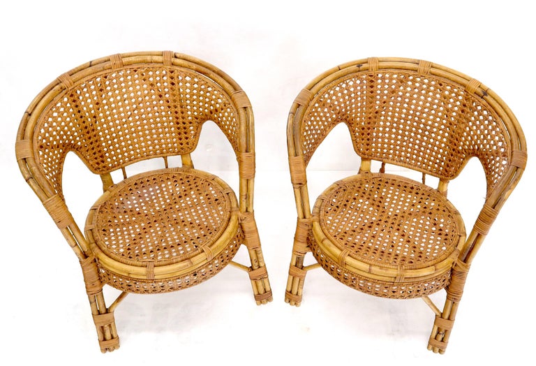 Pair of Stunning Round Barrel Shape Bamboo Rattan Cane Seat Chairs For