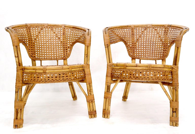 Pair of Stunning Round Barrel Shape Bamboo Rattan Cane Seat Chairs For Sale  at 1stDibs