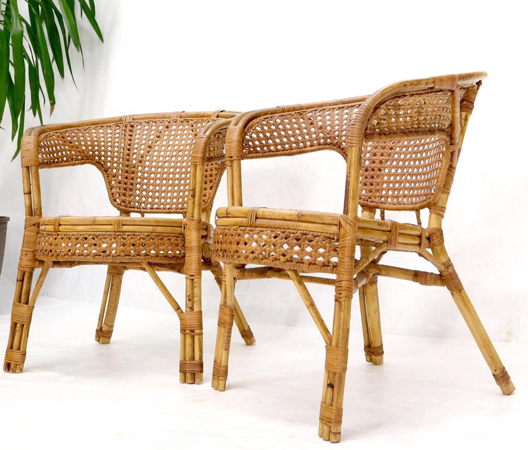 Pair of Stunning Round Barrel Shape Bamboo Rattan Cane Seat Chairs For