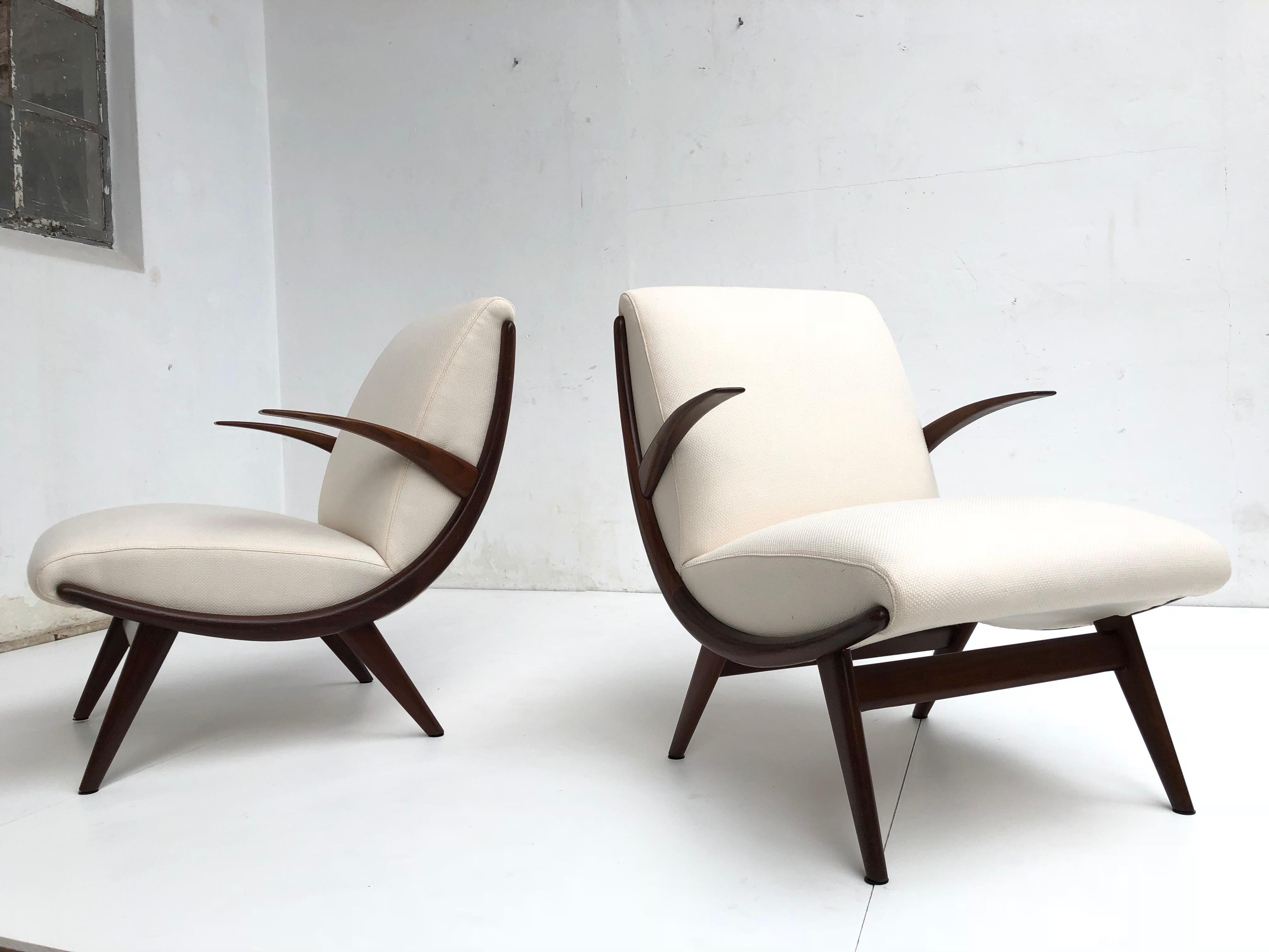Pair of Stunning Scandinavian 1950s Teak Lounge Armchairs New Wool Upholstery 1