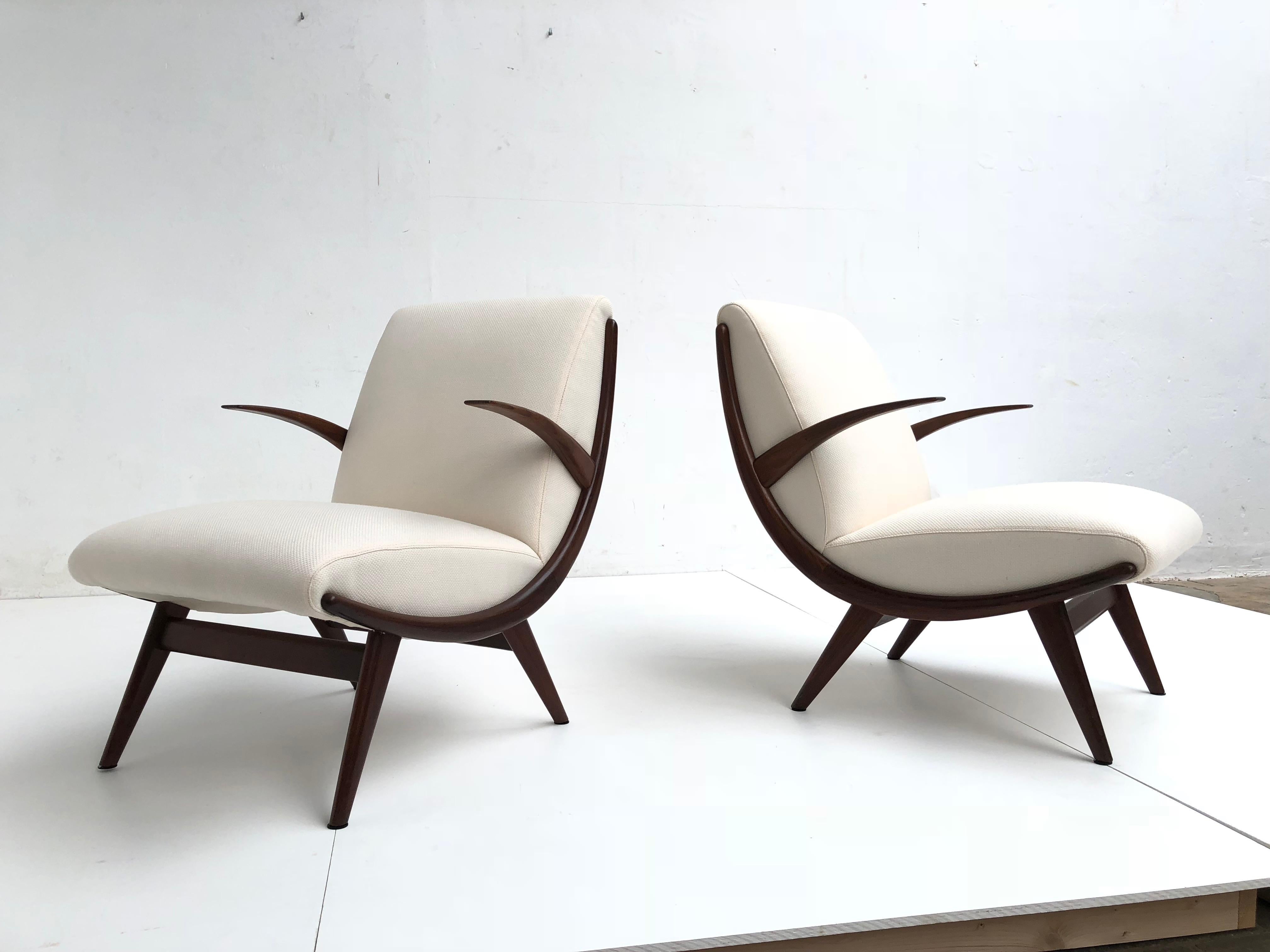 Pair of Stunning Scandinavian 1950s Teak Lounge Armchairs New Wool Upholstery 2