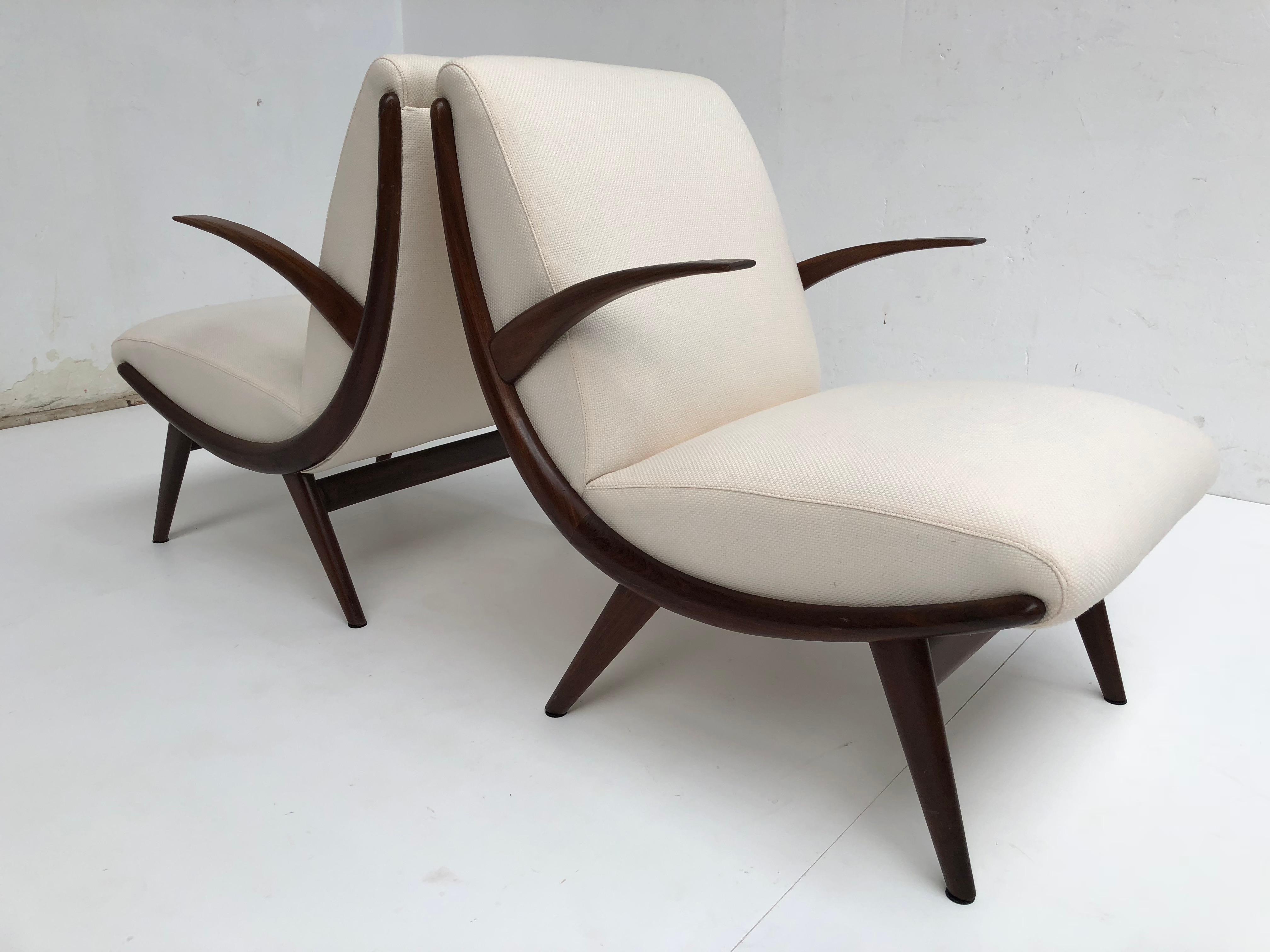Pair of Stunning Scandinavian 1950s Teak Lounge Armchairs New Wool Upholstery 3