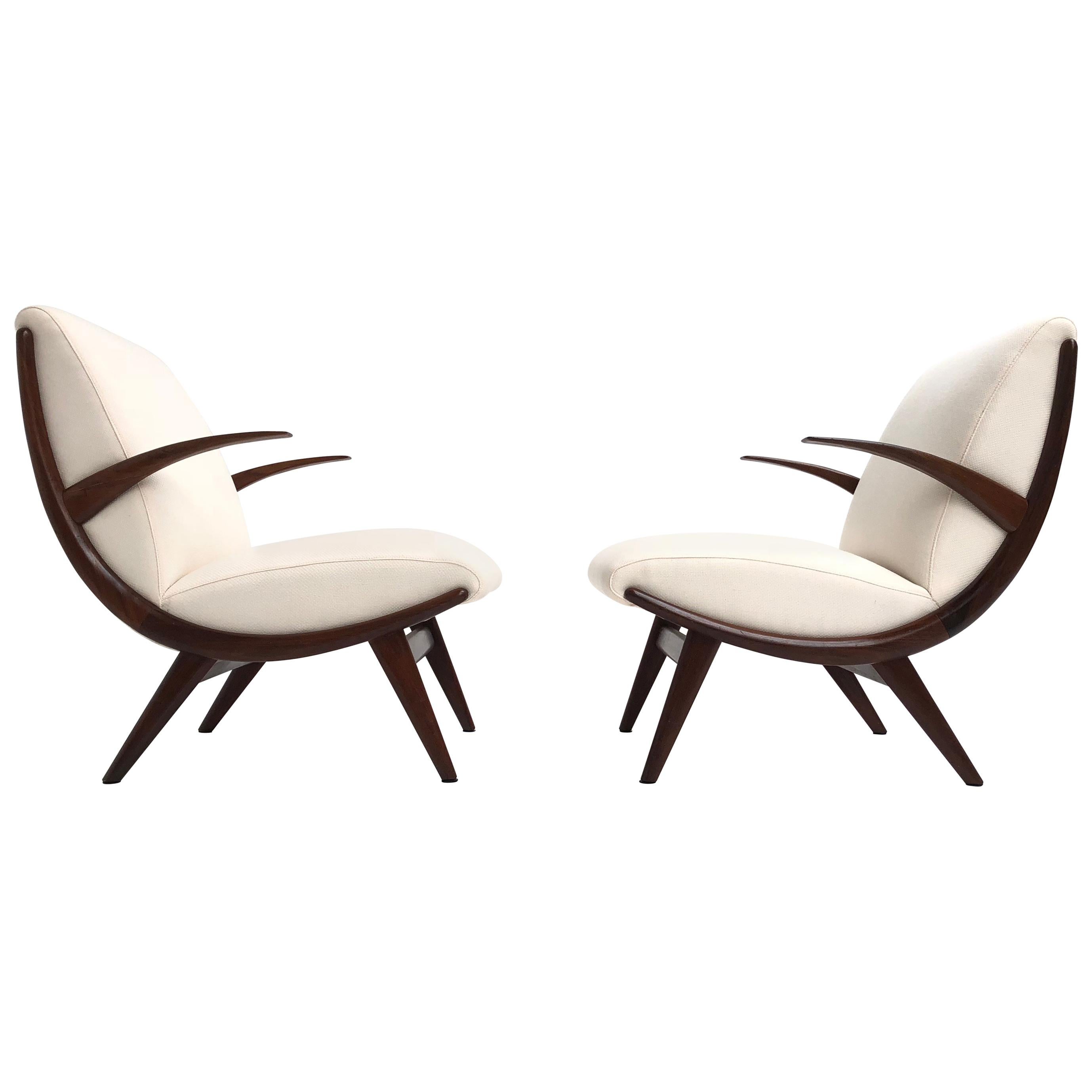 Pair of Stunning Scandinavian 1950s Teak Lounge Armchairs New Wool Upholstery