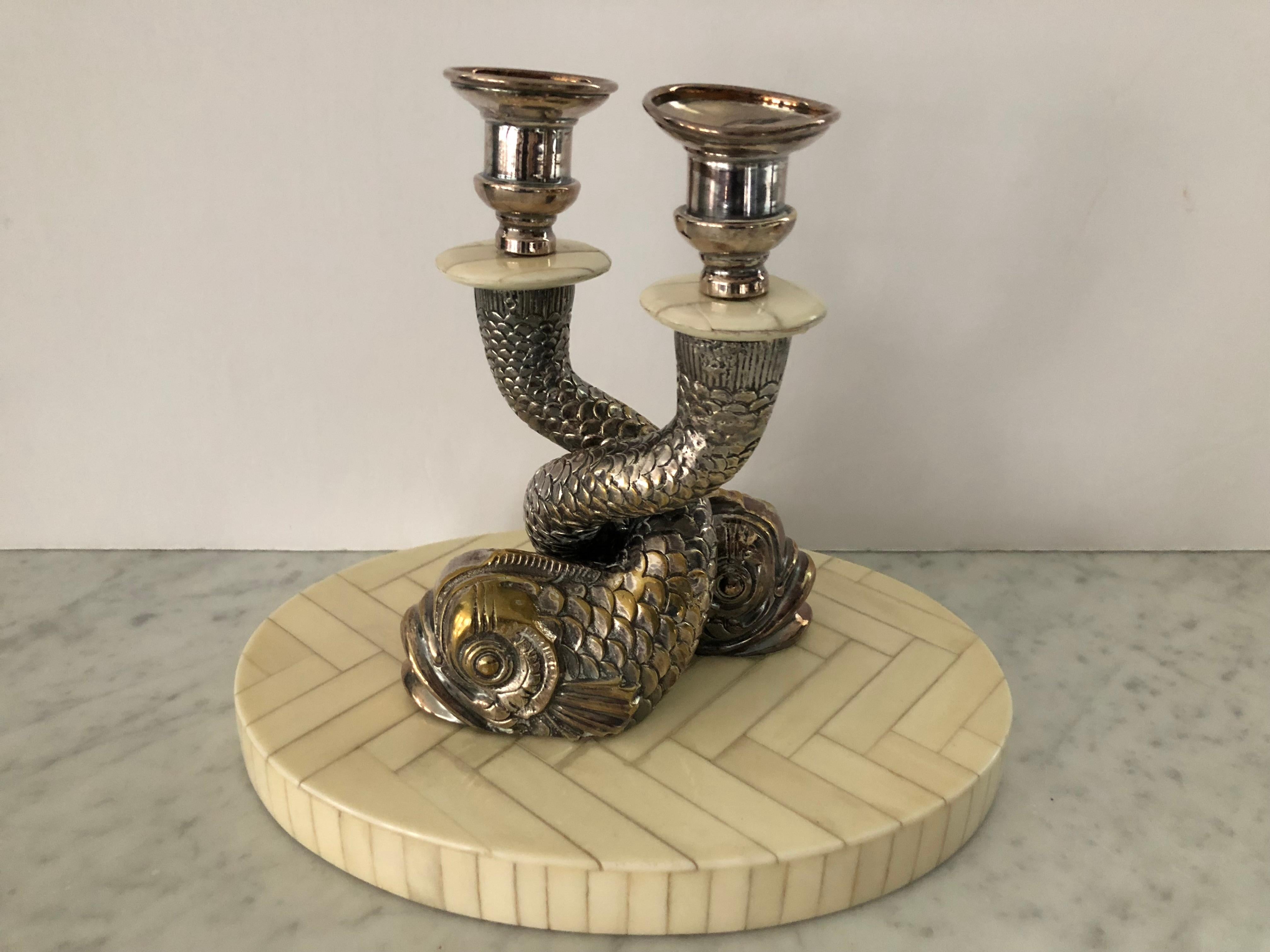 Mid-Century Modern Pair of Stunning Silver Plate Dolphin Candlesticks by Anthony Redmile